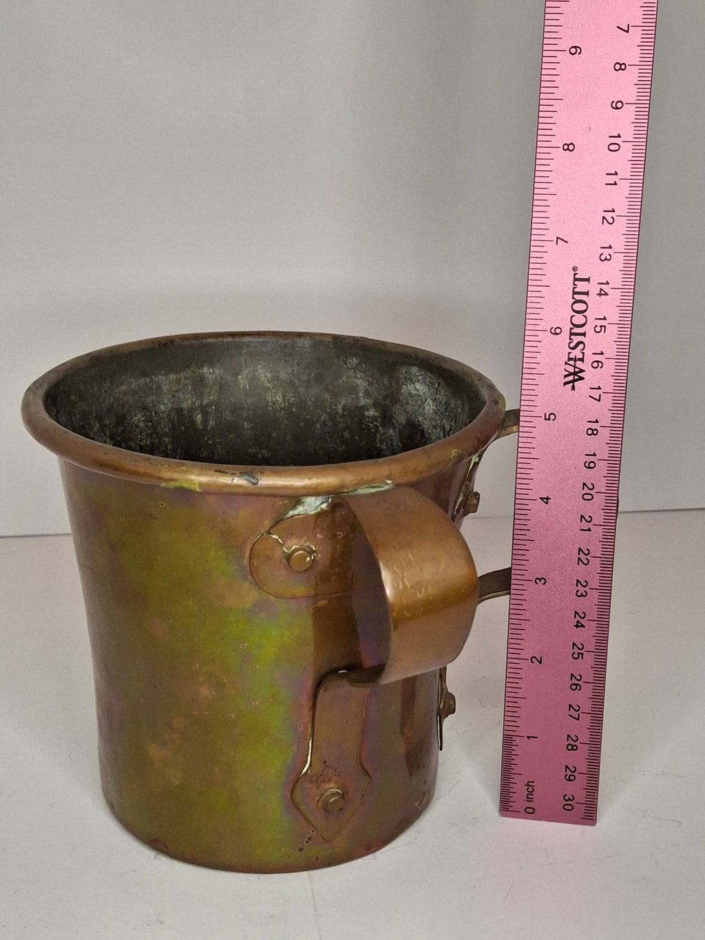 Rainbow Patina Antique Brass Double-Handled Netilat Yadayim Cup – Eastern European Judaica c.1890-1910 w/ Period Repairs