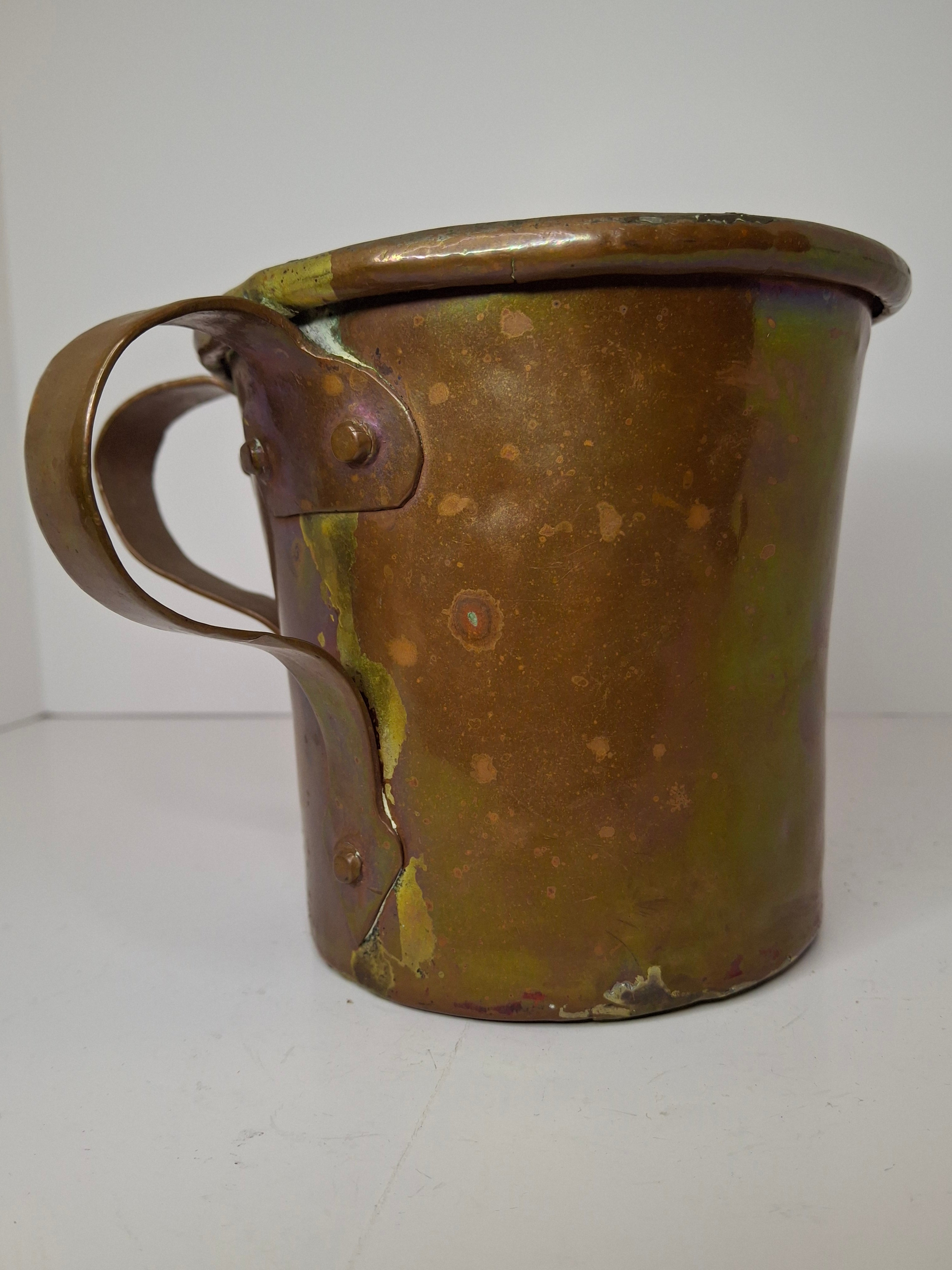 Rainbow Patina Antique Brass Double-Handled Netilat Yadayim Cup – Eastern European Judaica c.1890-1910 w/ Period Repairs