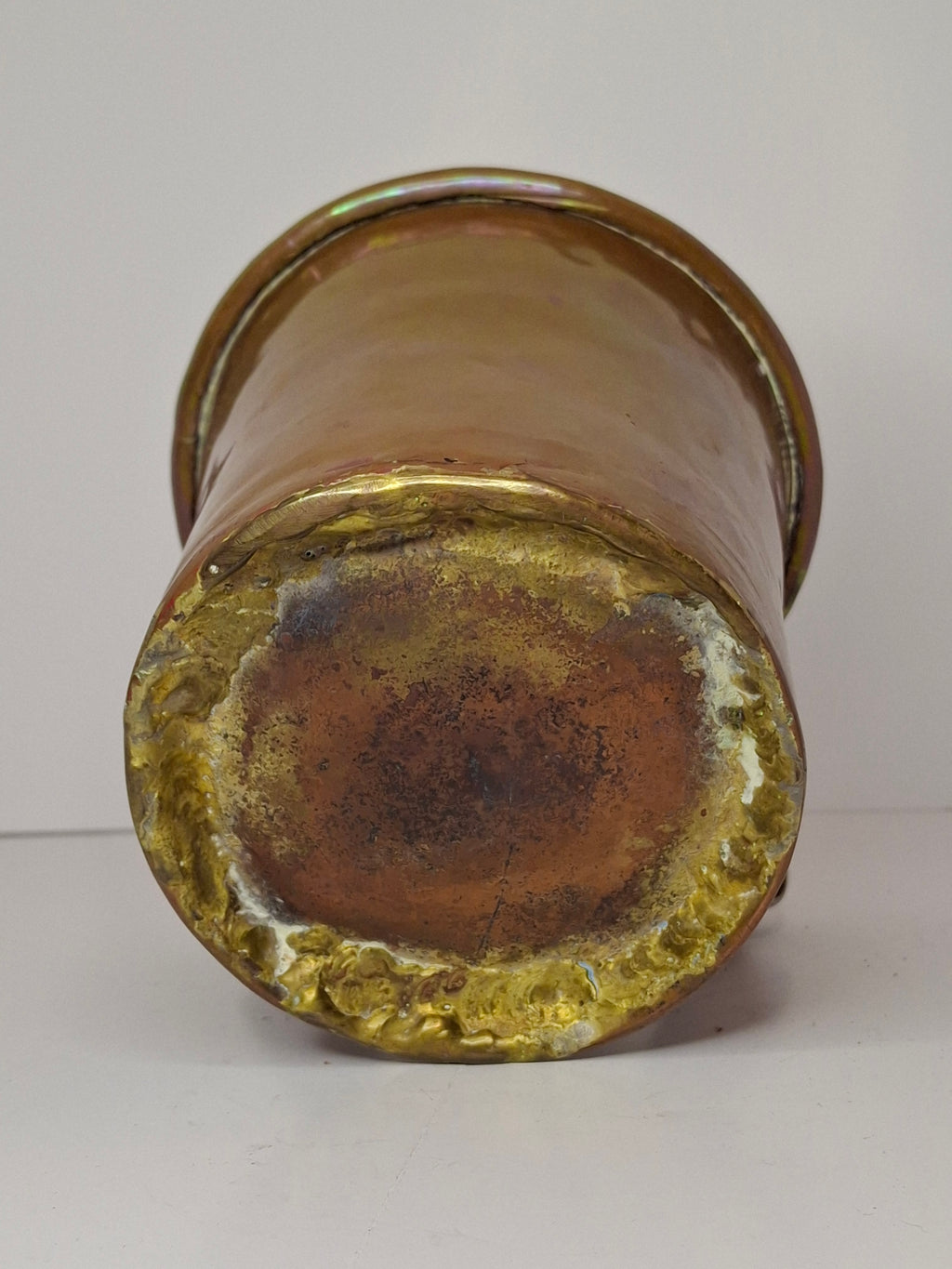 Rainbow Patina Antique Brass Double-Handled Netilat Yadayim Cup – Eastern European Judaica c.1890-1910 w/ Period Repairs