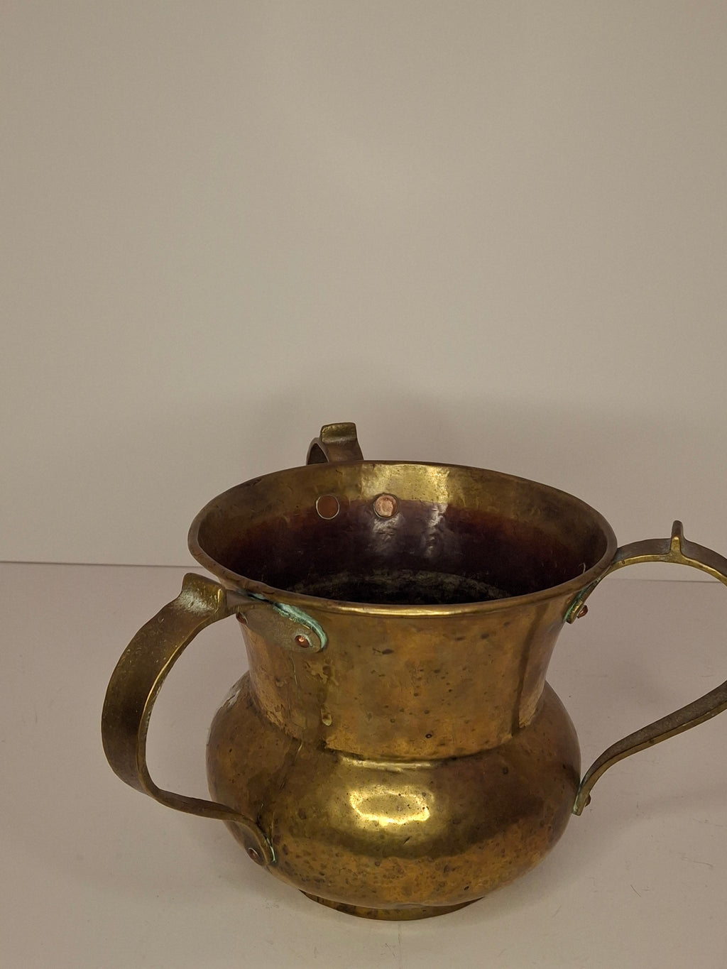 Antique Imperial Russian Brass Netilat Yadayim Ritual Hand-Washing Cup, Tula-Marked Triple-Handle Judaica, Circa 1880-1917