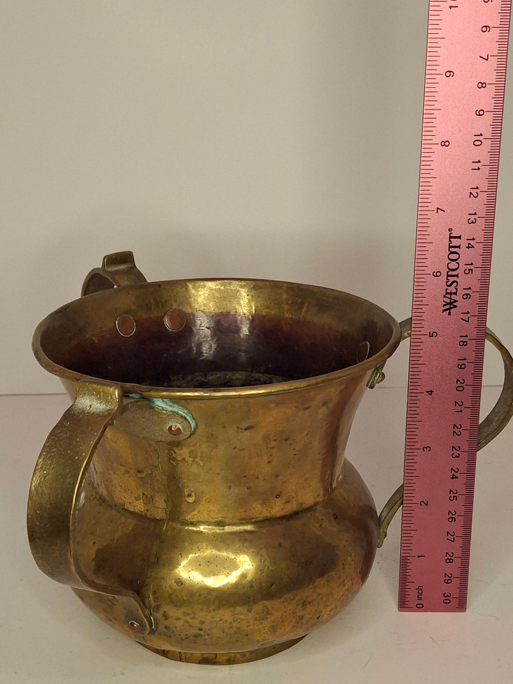 Antique Imperial Russian Brass Netilat Yadayim Ritual Hand-Washing Cup, Tula-Marked Triple-Handle Judaica, Circa 1880-1917