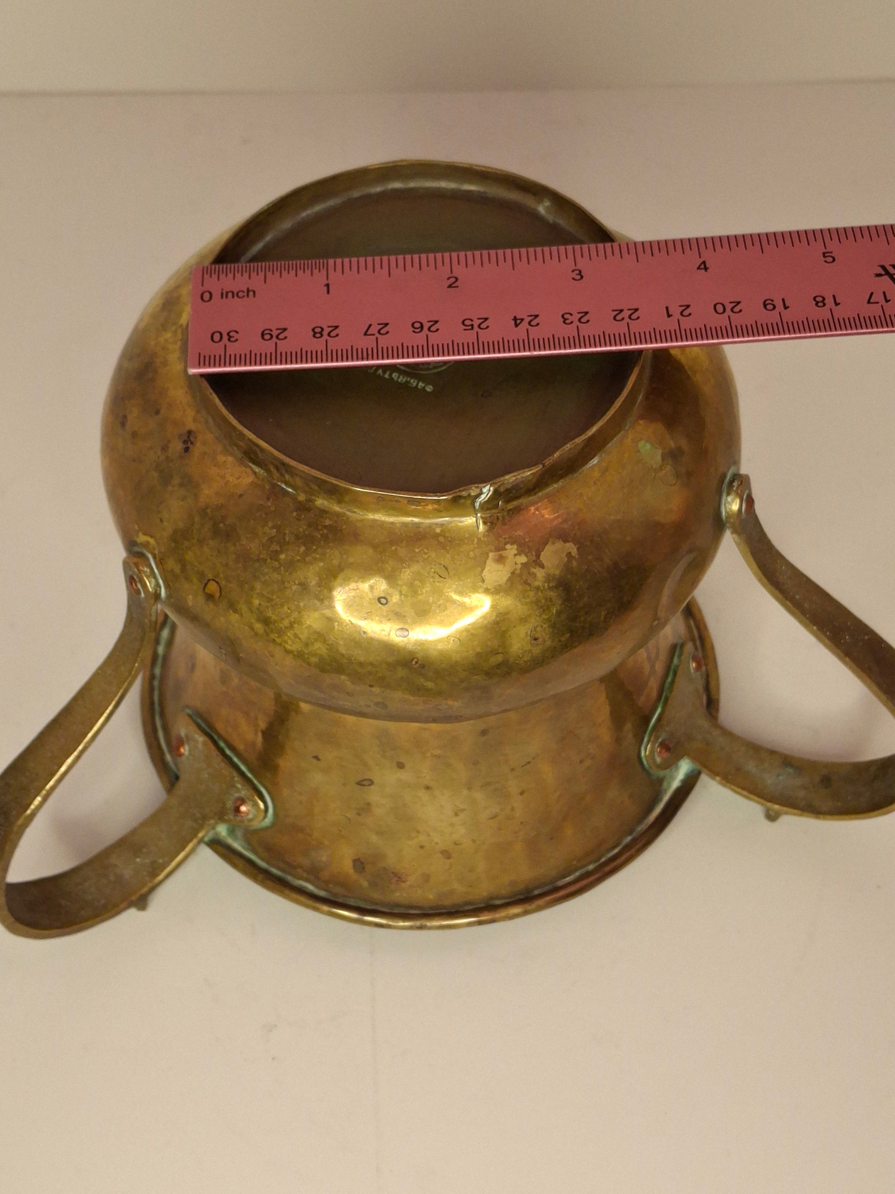 Antique Imperial Russian Brass Netilat Yadayim Ritual Hand-Washing Cup, Tula-Marked Triple-Handle Judaica, Circa 1880-1917