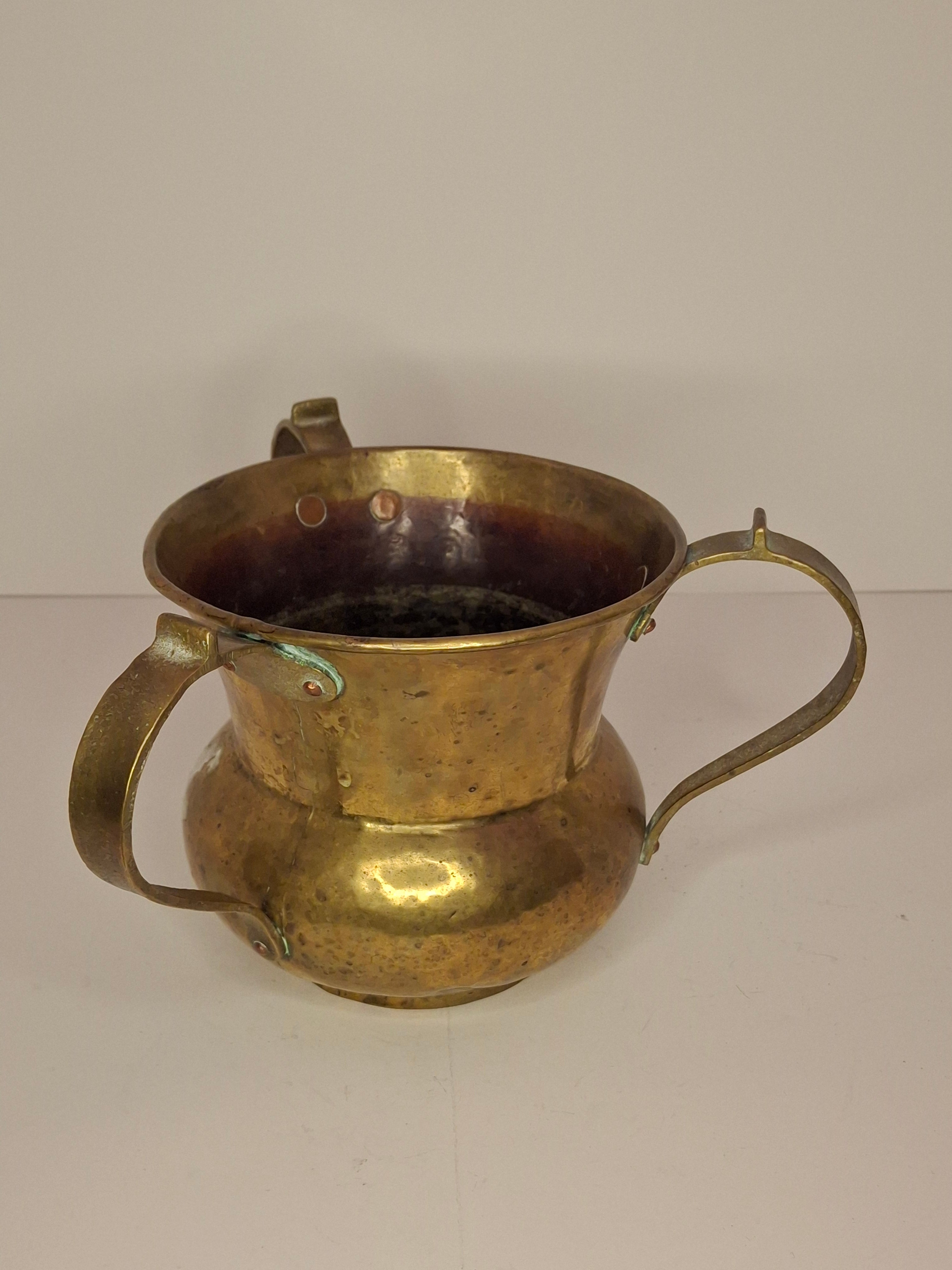Antique Imperial Russian Brass Netilat Yadayim Ritual Hand-Washing Cup, Tula-Marked Triple-Handle Judaica, Circa 1880-1917