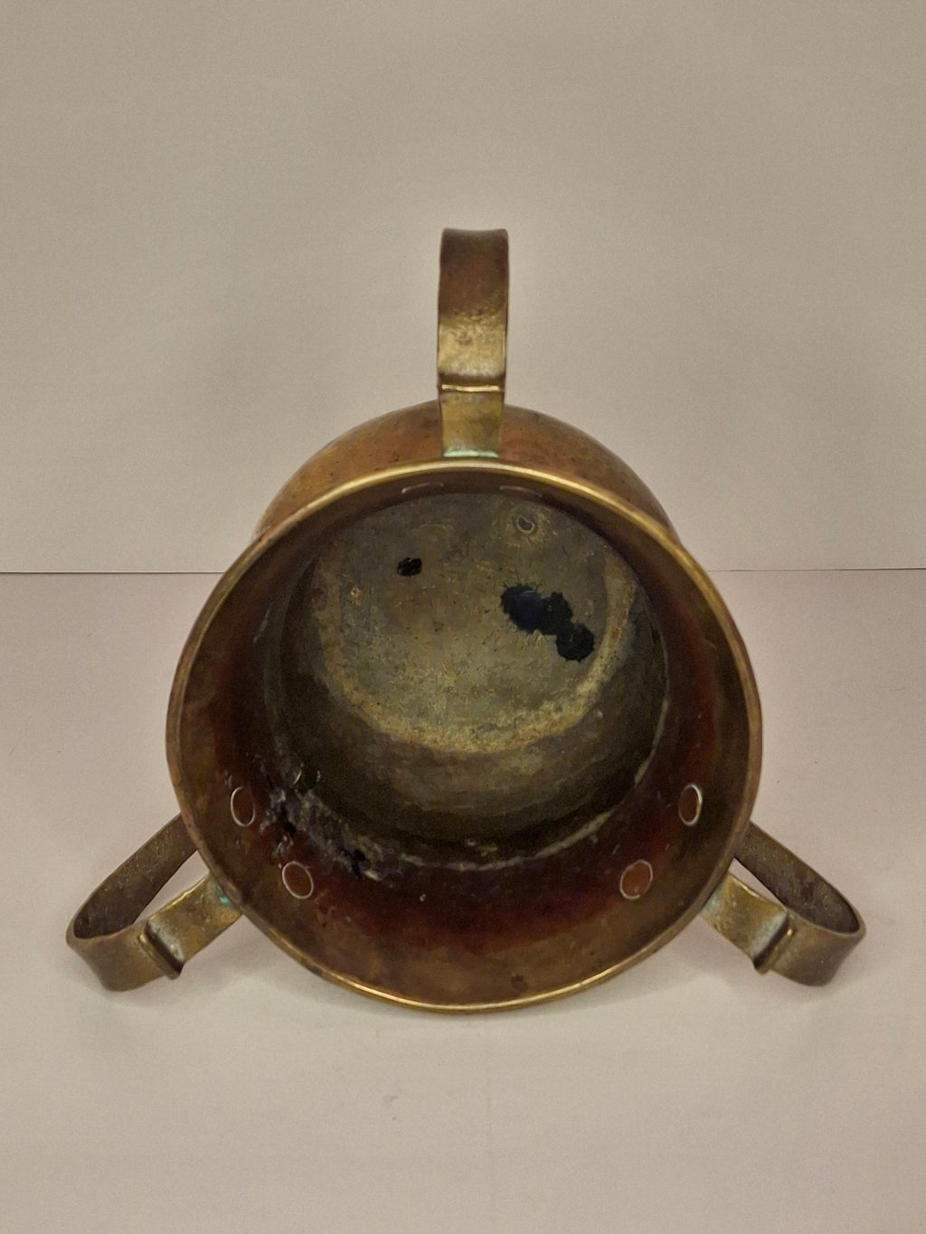 Antique Imperial Russian Brass Netilat Yadayim Ritual Hand-Washing Cup, Tula-Marked Triple-Handle Judaica, Circa 1880-1917