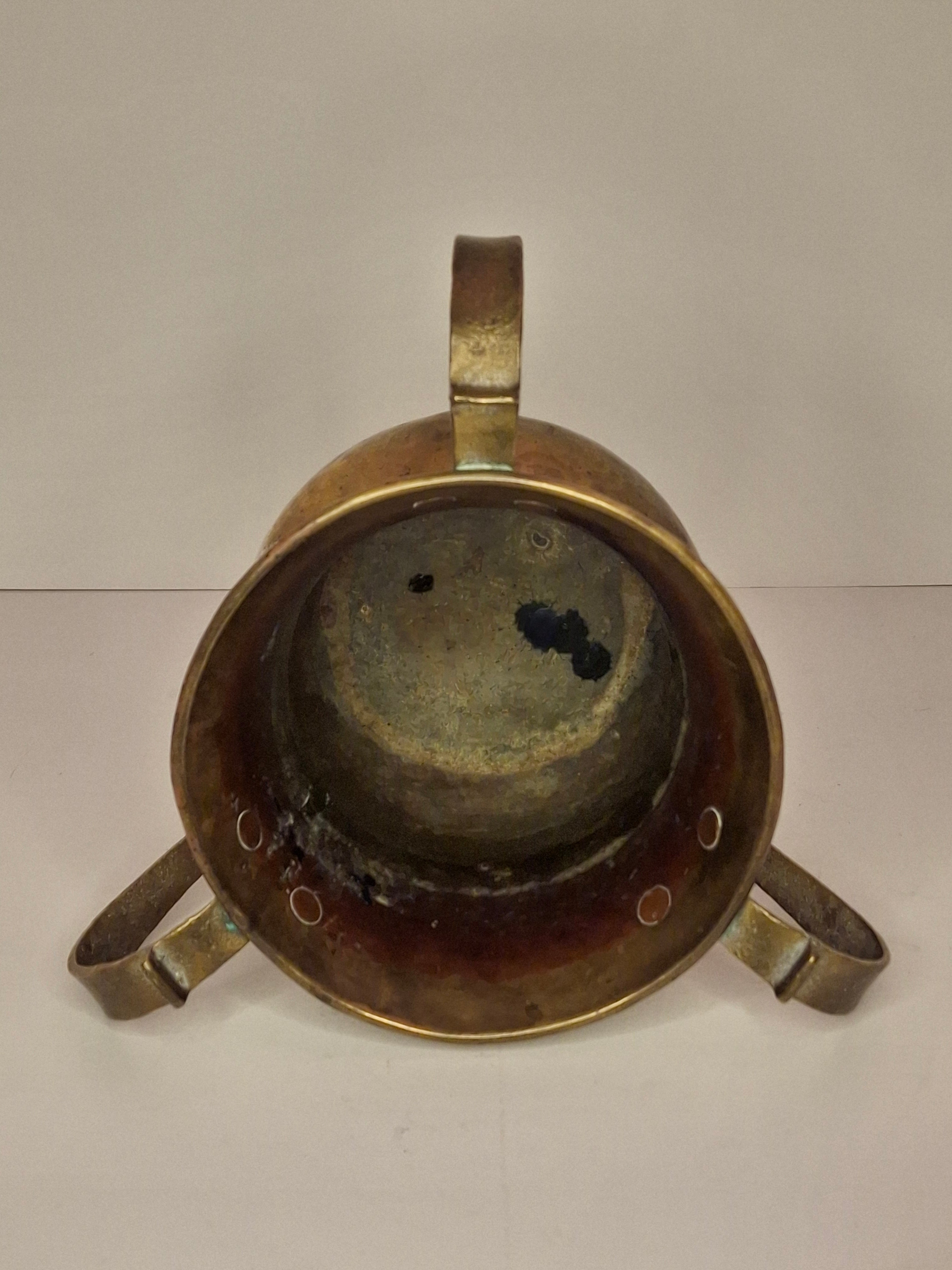 Antique Imperial Russian Brass Netilat Yadayim Ritual Hand-Washing Cup, Tula-Marked Triple-Handle Judaica, Circa 1880-1917