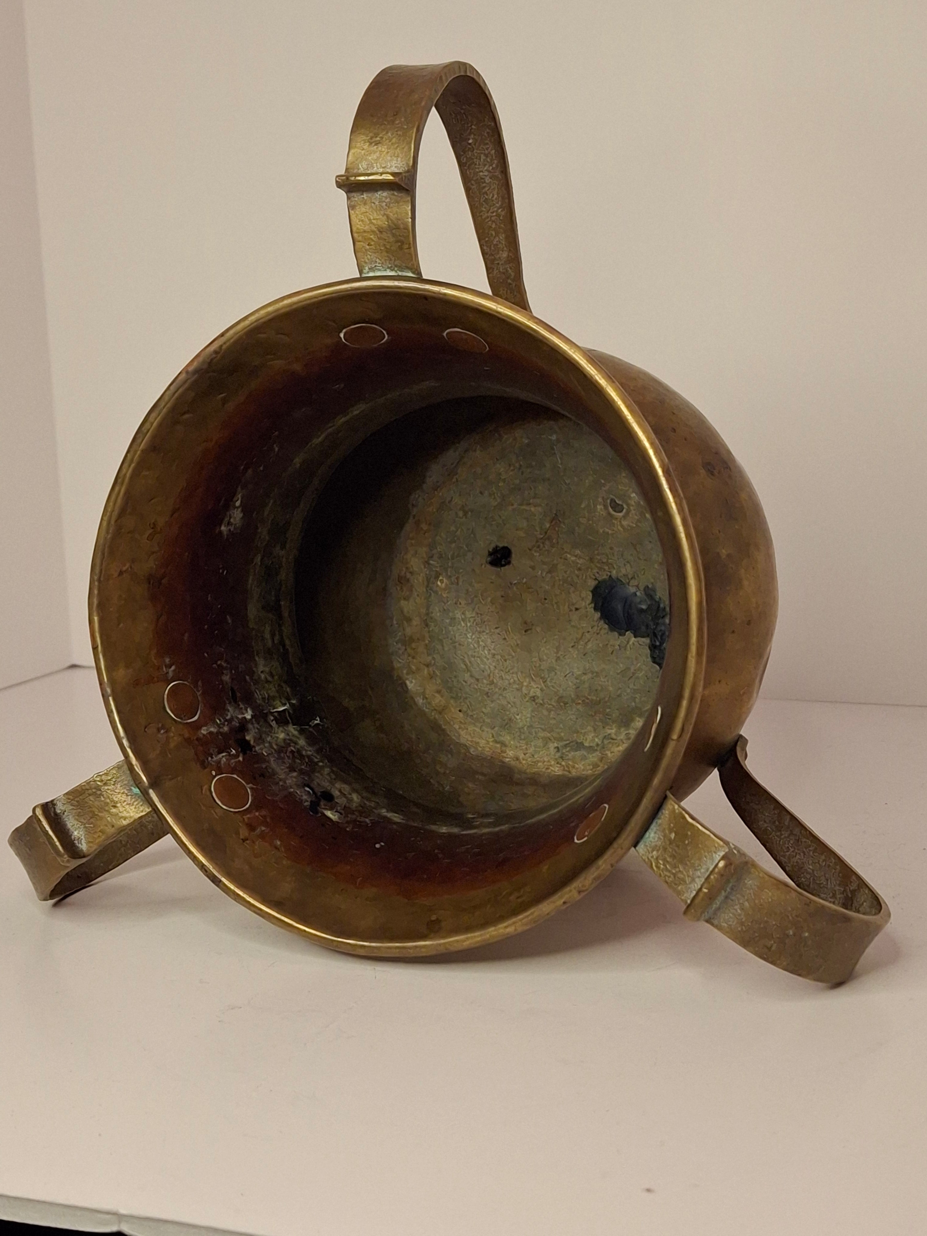 Antique Imperial Russian Brass Netilat Yadayim Ritual Hand-Washing Cup, Tula-Marked Triple-Handle Judaica, Circa 1880-1917