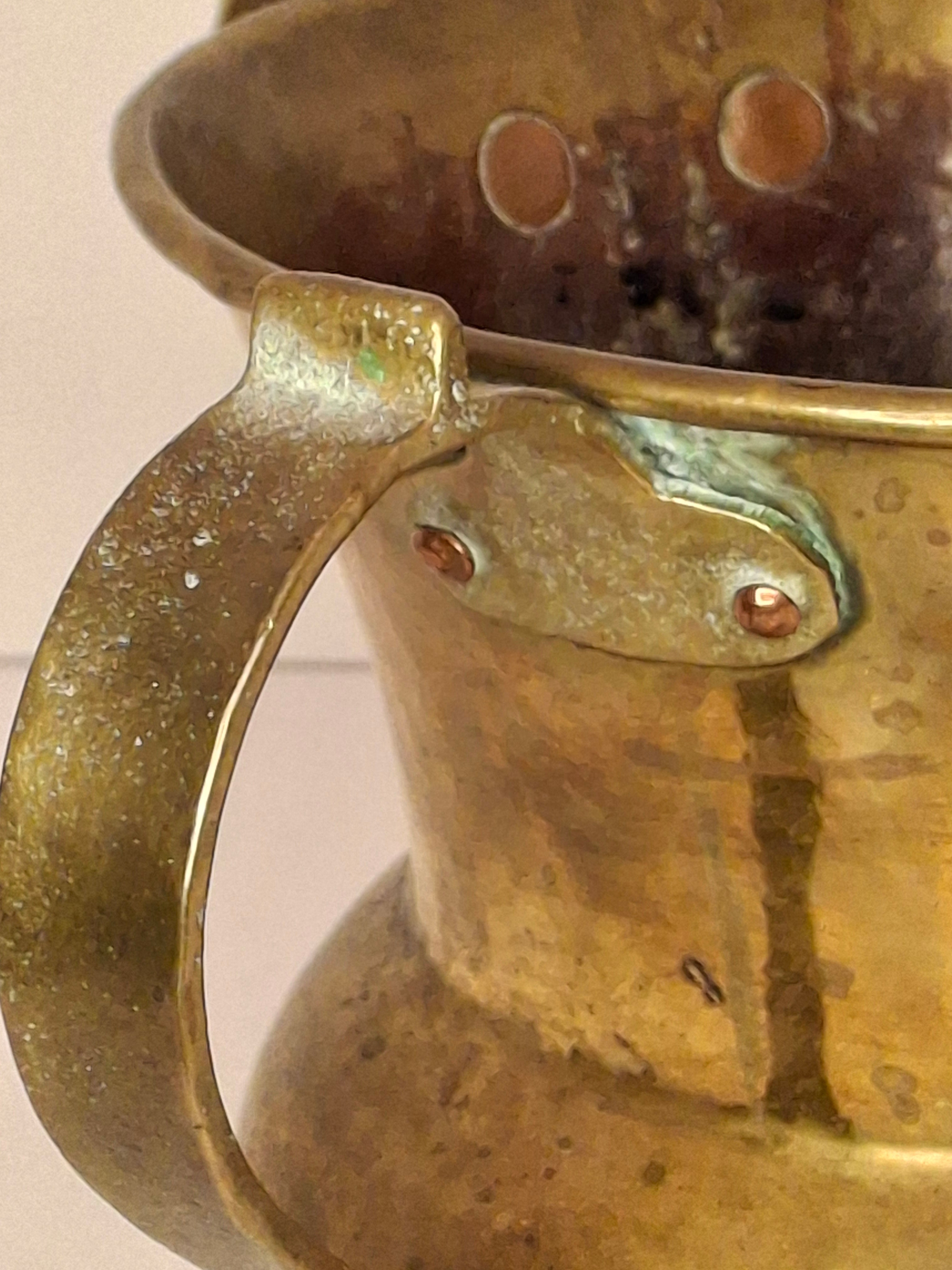 Antique Imperial Russian Brass Netilat Yadayim Ritual Hand-Washing Cup, Tula-Marked Triple-Handle Judaica, Circa 1880-1917