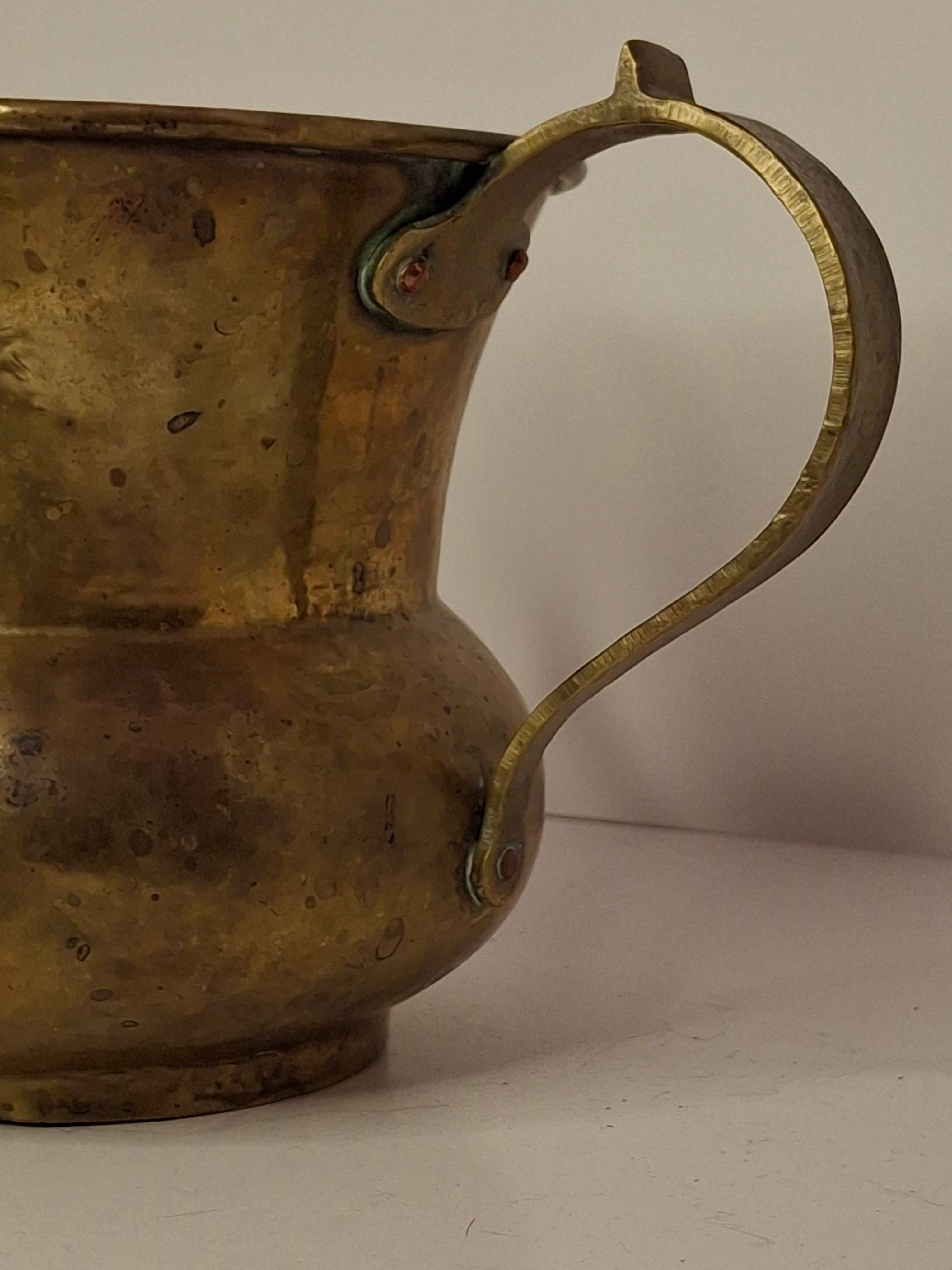 Antique Imperial Russian Brass Netilat Yadayim Ritual Hand-Washing Cup, Tula-Marked Triple-Handle Judaica, Circa 1880-1917