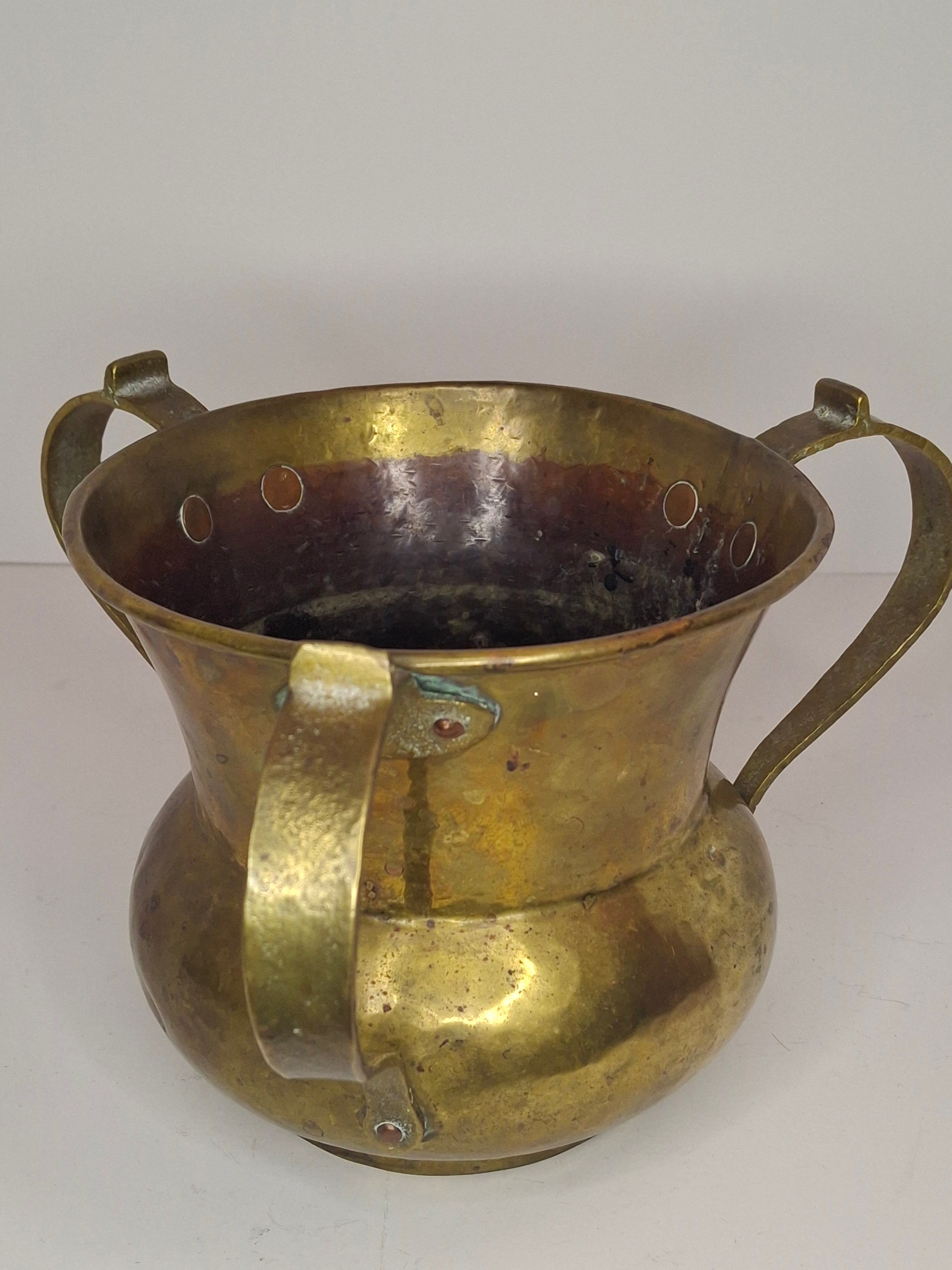 Antique Imperial Russian Brass Netilat Yadayim Ritual Hand-Washing Cup, Tula-Marked Triple-Handle Judaica, Circa 1880-1917