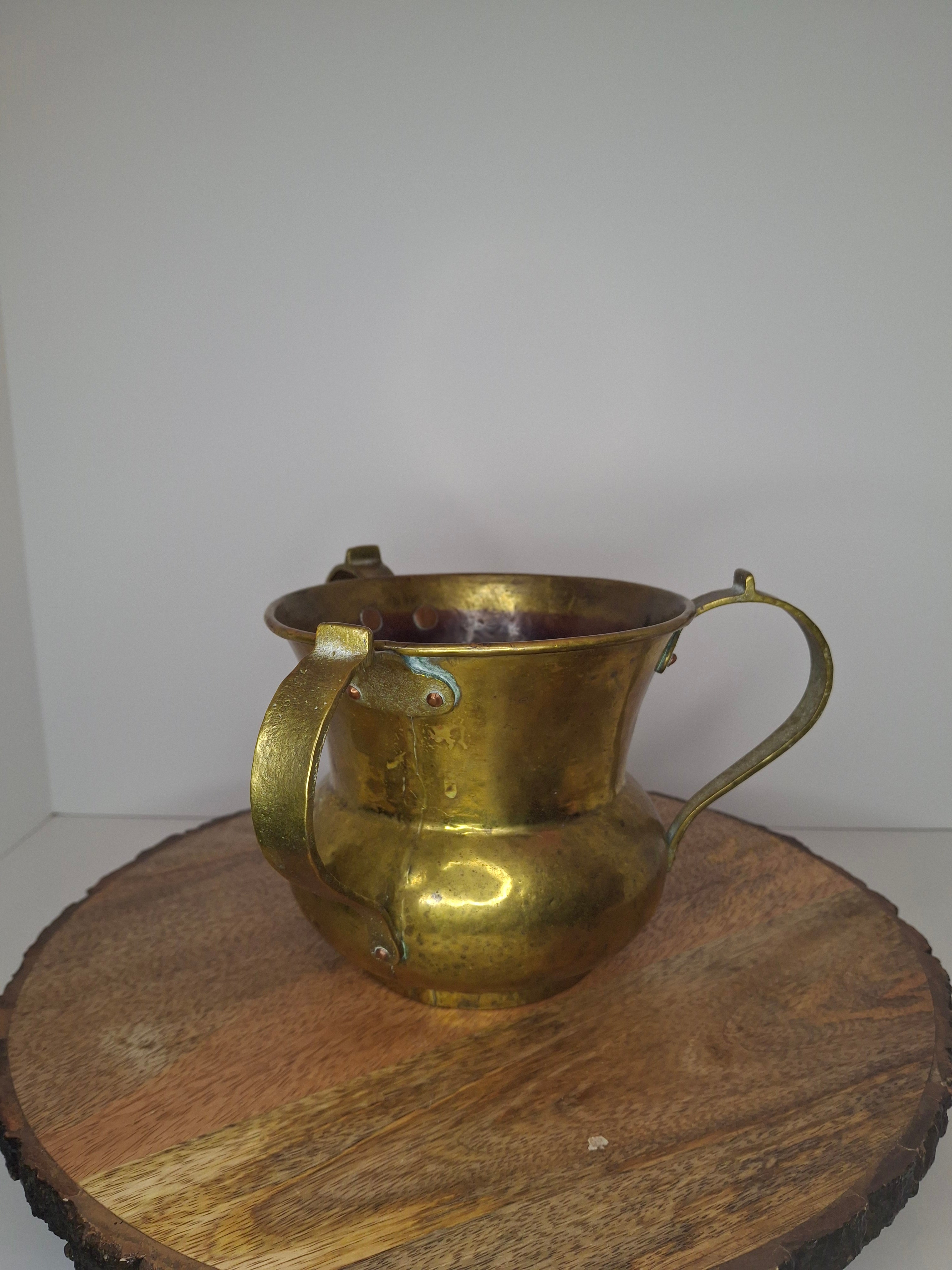 Antique Imperial Russian Brass Netilat Yadayim Ritual Hand-Washing Cup, Tula-Marked Triple-Handle Judaica, Circa 1880-1917