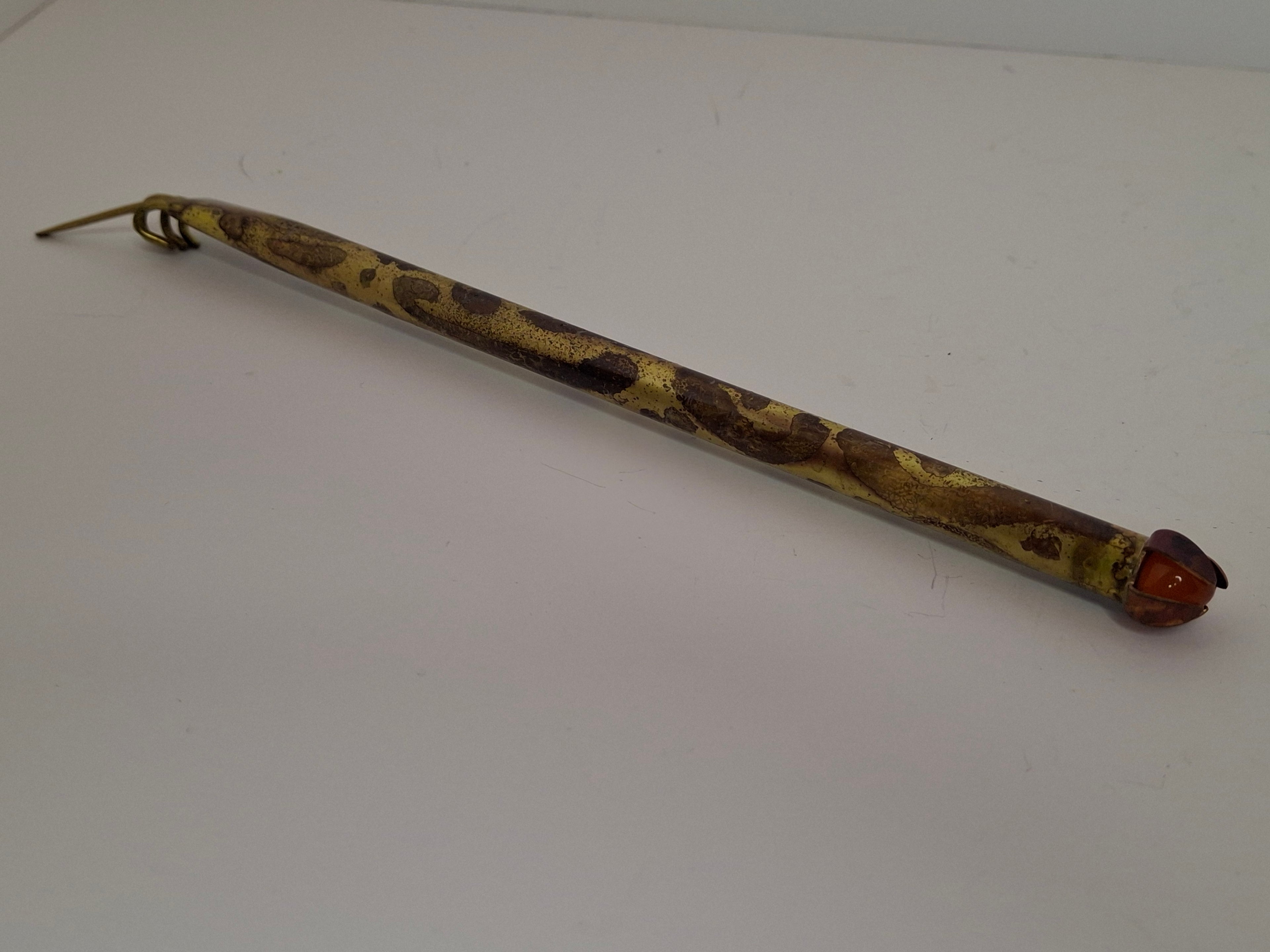 Vintage Yemenite Brass Yad Torah Pointer with Carnelian Gem - 8" Antique Jewish Ritual Judaica, ca. 1900