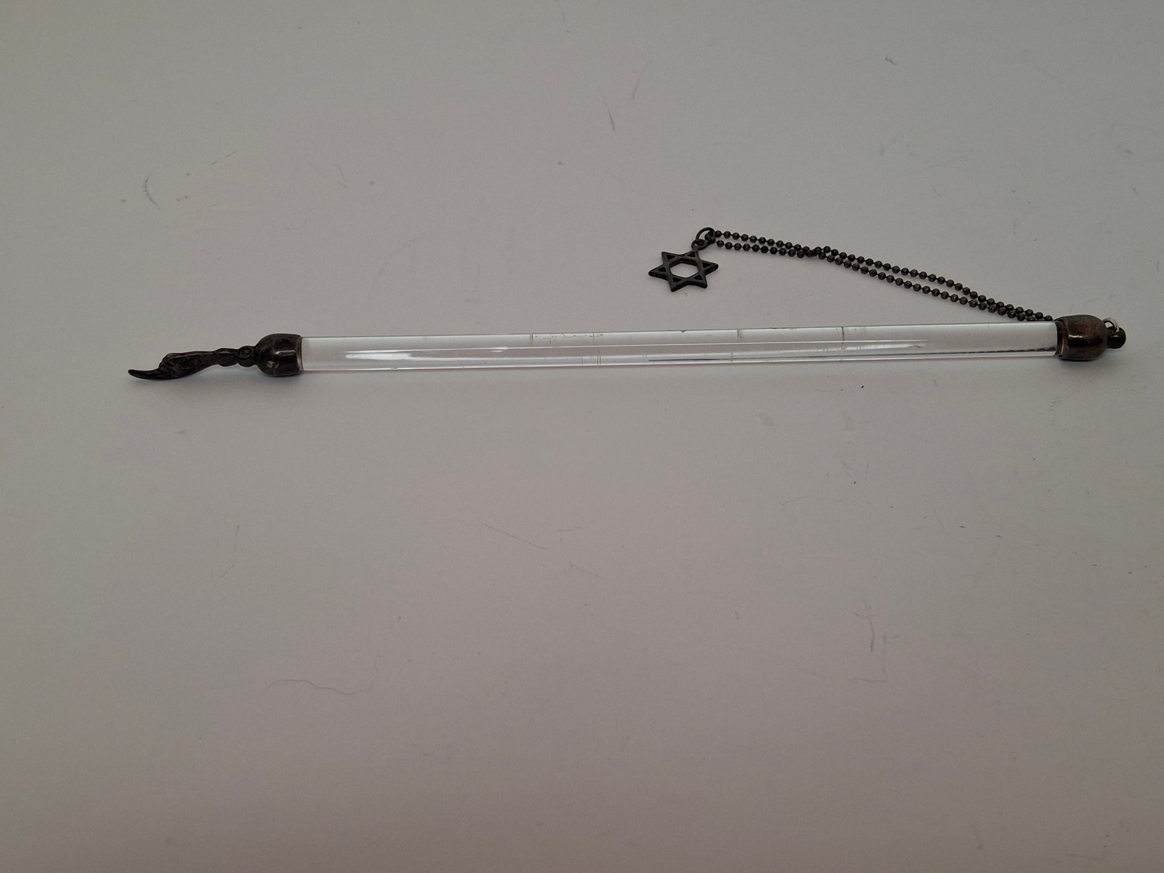 Vintage 1940s-1960s 925 Glass and Sterling Silver Yad Torah Pointer w/ Star of David Chain - Israeli Judaica