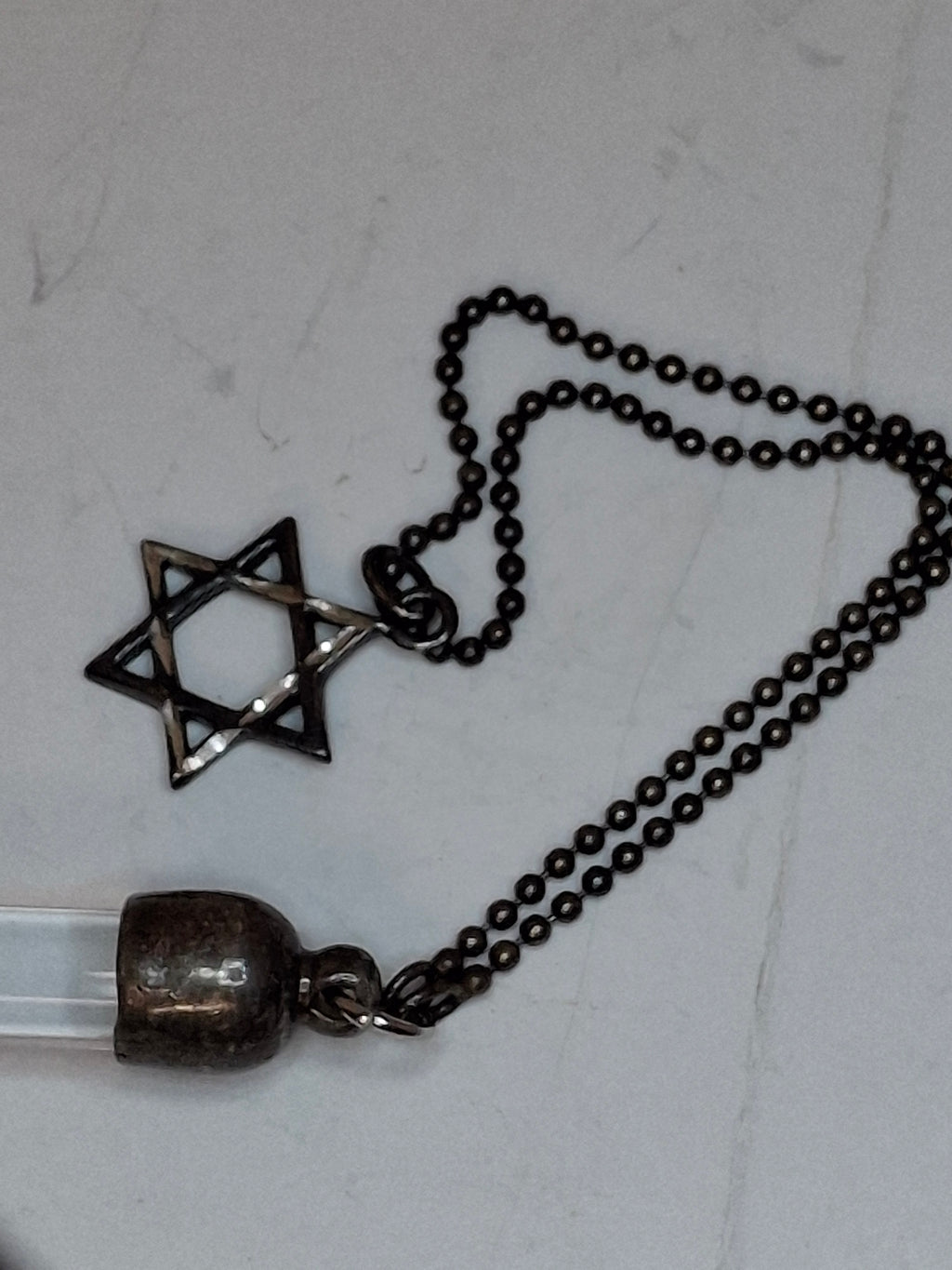 Vintage 1940s-1960s 925 Glass and Sterling Silver Yad Torah Pointer w/ Star of David Chain - Israeli Judaica