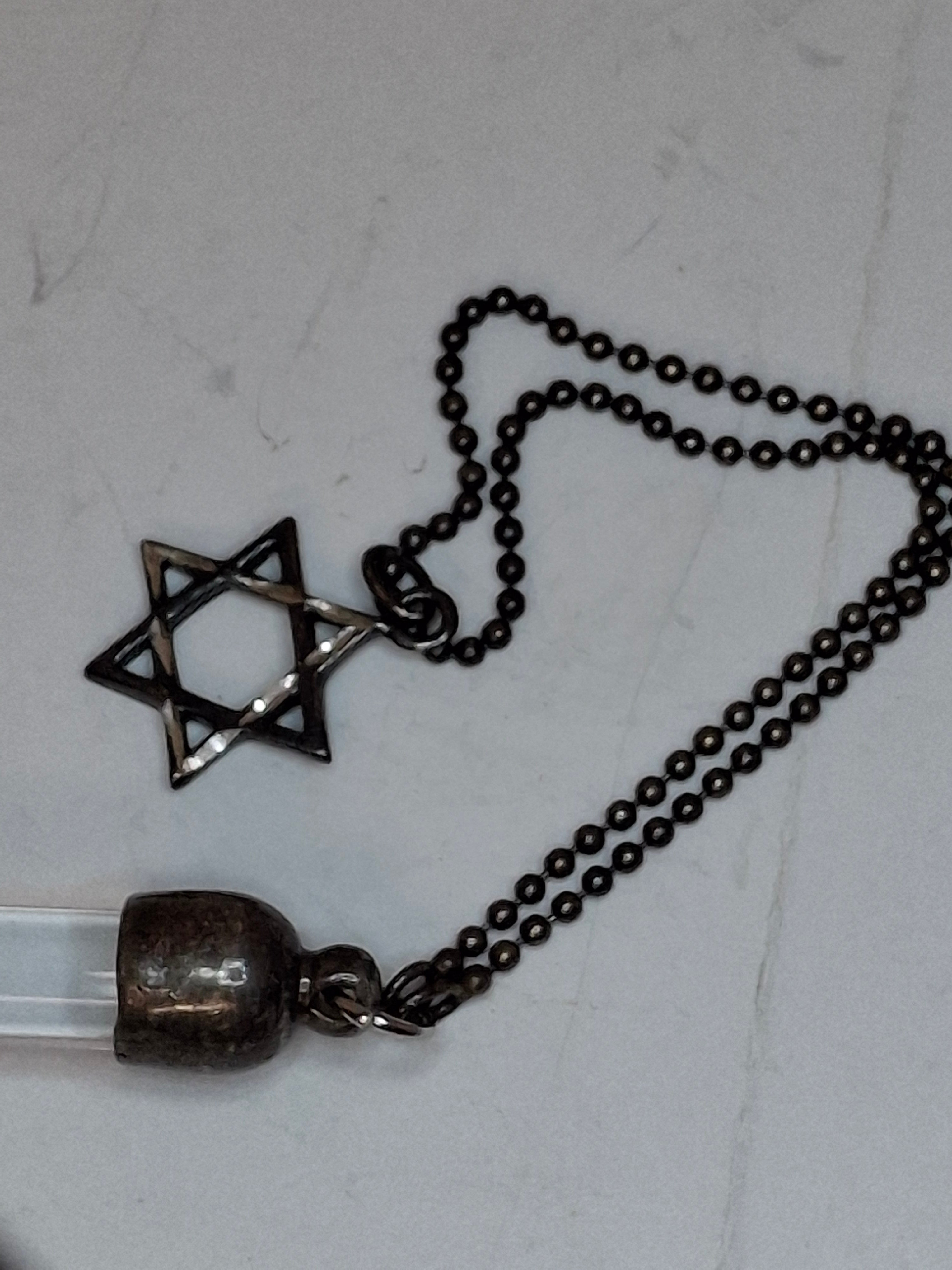 Vintage 1940s-1960s 925 Glass and Sterling Silver Yad Torah Pointer w/ Star of David Chain - Israeli Judaica