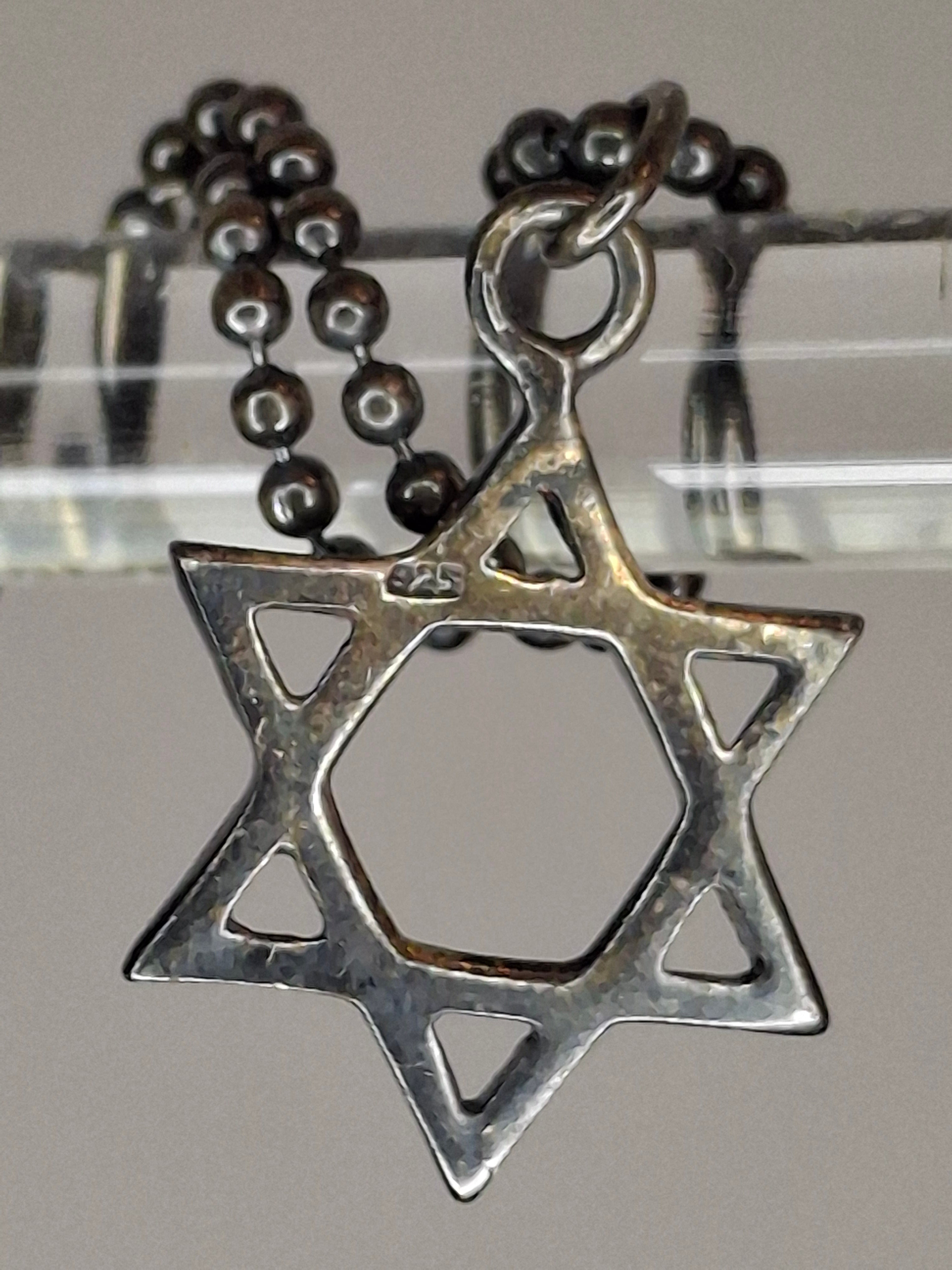 Vintage 1940s-1960s 925 Glass and Sterling Silver Yad Torah Pointer w/ Star of David Chain - Israeli Judaica