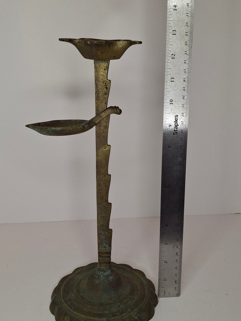 Rare 18th C Bronze Trammel-Mounted Double Fat Lamp w/ 5-Wick Bowl & Adjustable Pan - Primitive Lighting