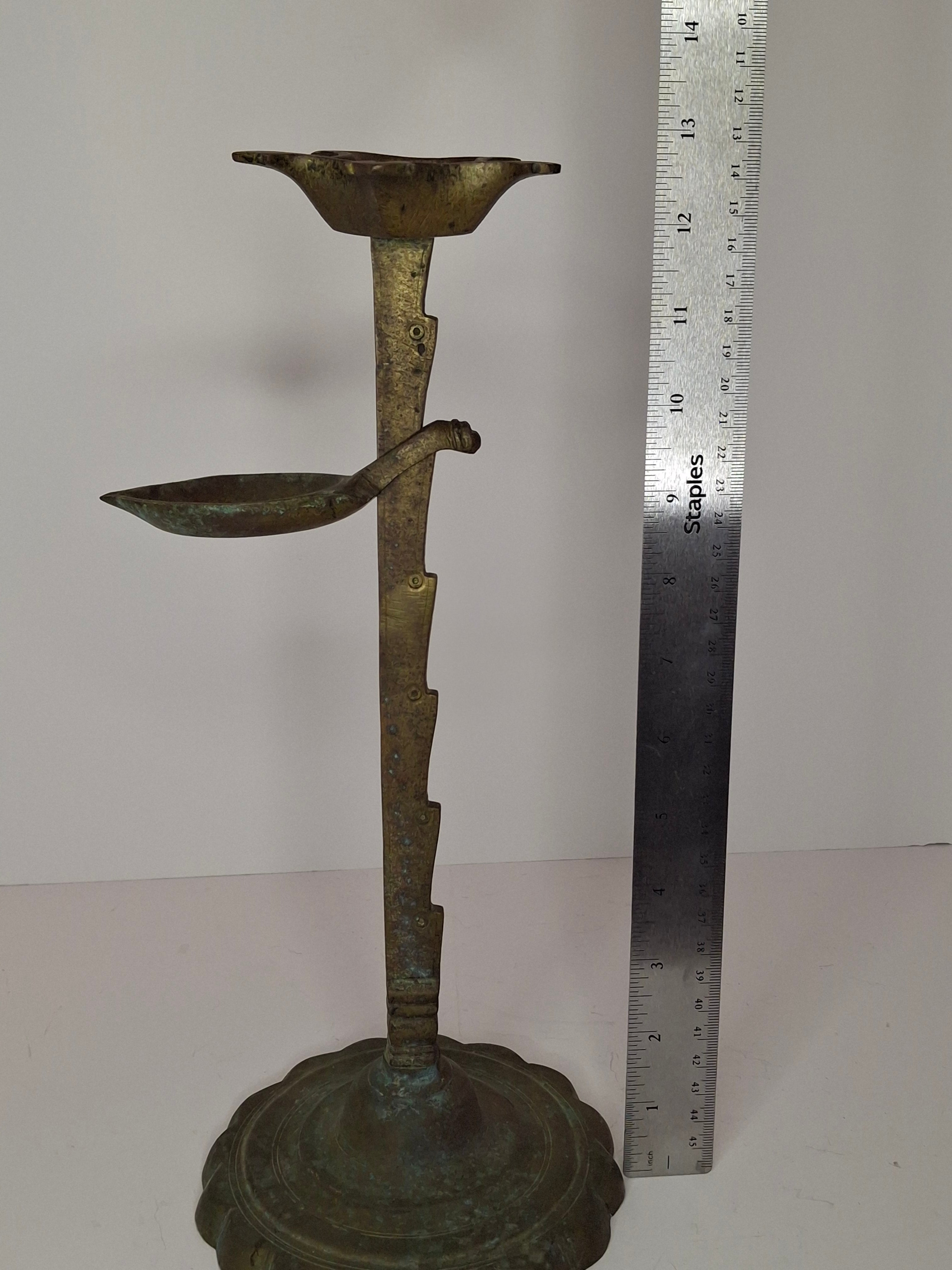 Rare 18th C Bronze Trammel-Mounted Double Fat Lamp w/ 5-Wick Bowl & Adjustable Pan - Primitive Lighting