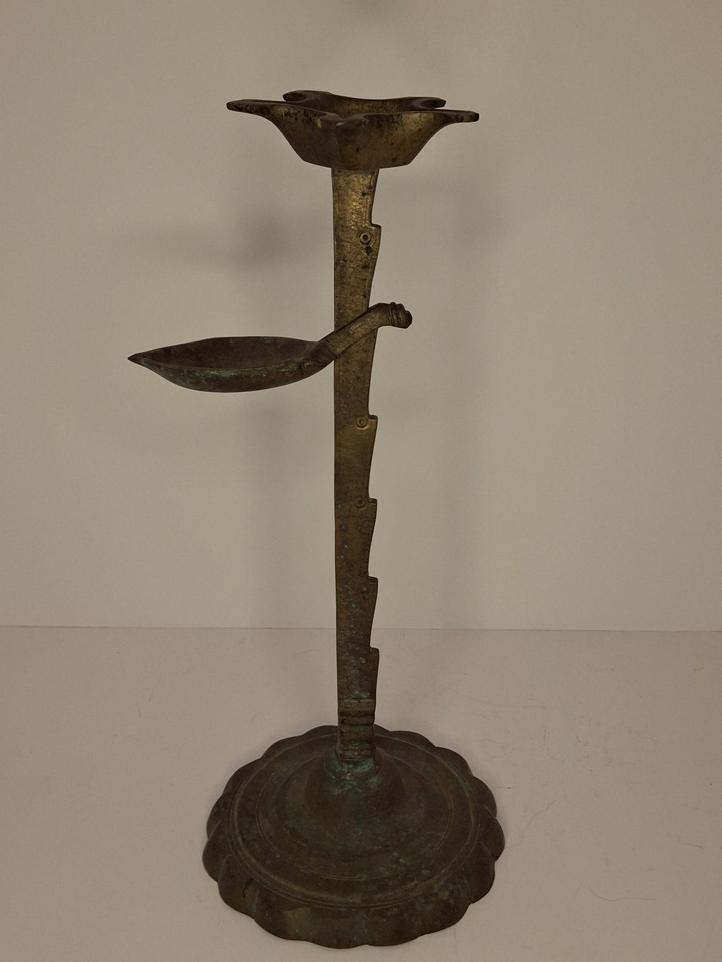 Rare 18th C Bronze Trammel-Mounted Double Fat Lamp w/ 5-Wick Bowl & Adjustable Pan - Primitive Lighting