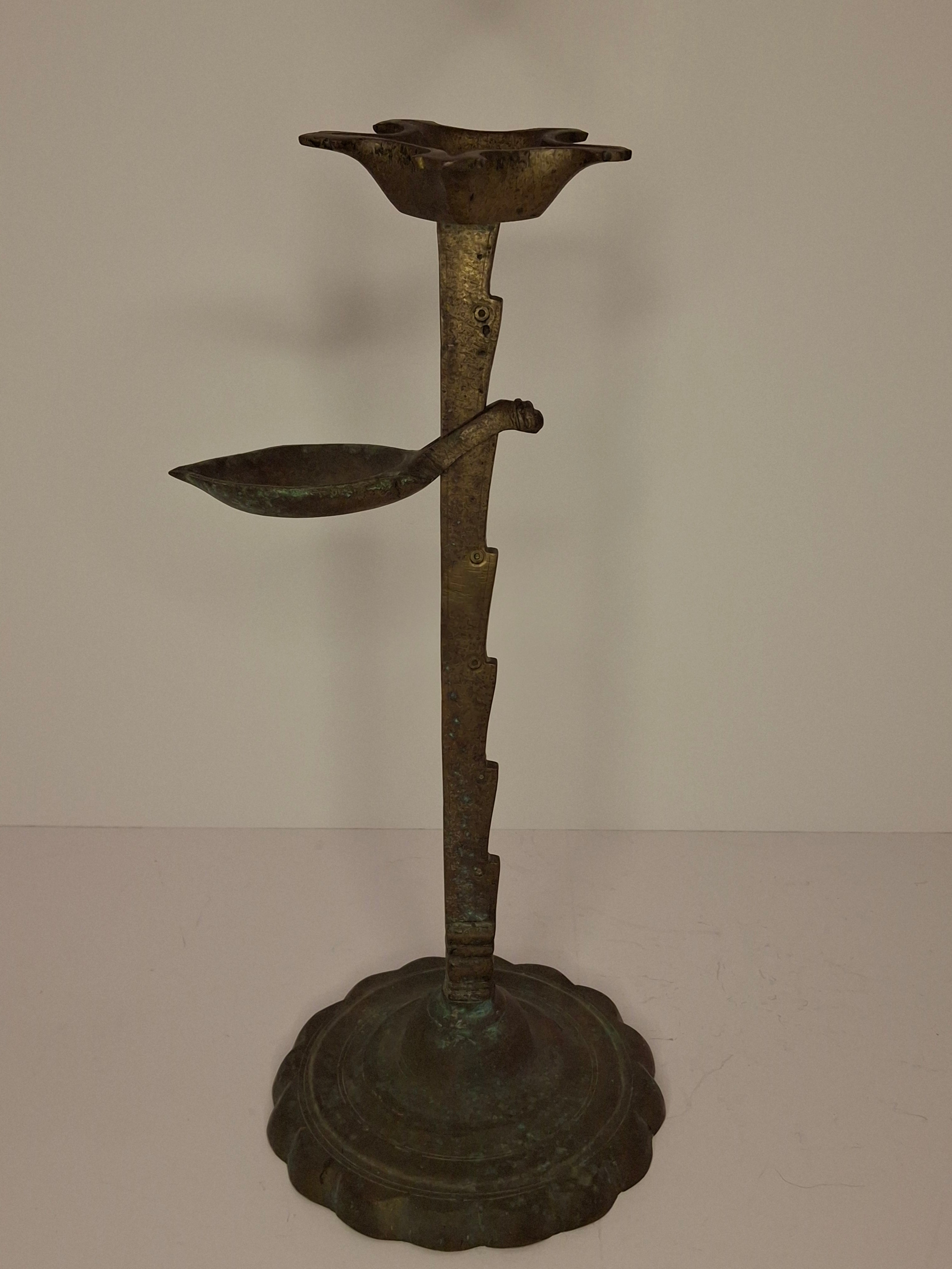 Rare 18th C Bronze Trammel-Mounted Double Fat Lamp w/ 5-Wick Bowl & Adjustable Pan - Primitive Lighting