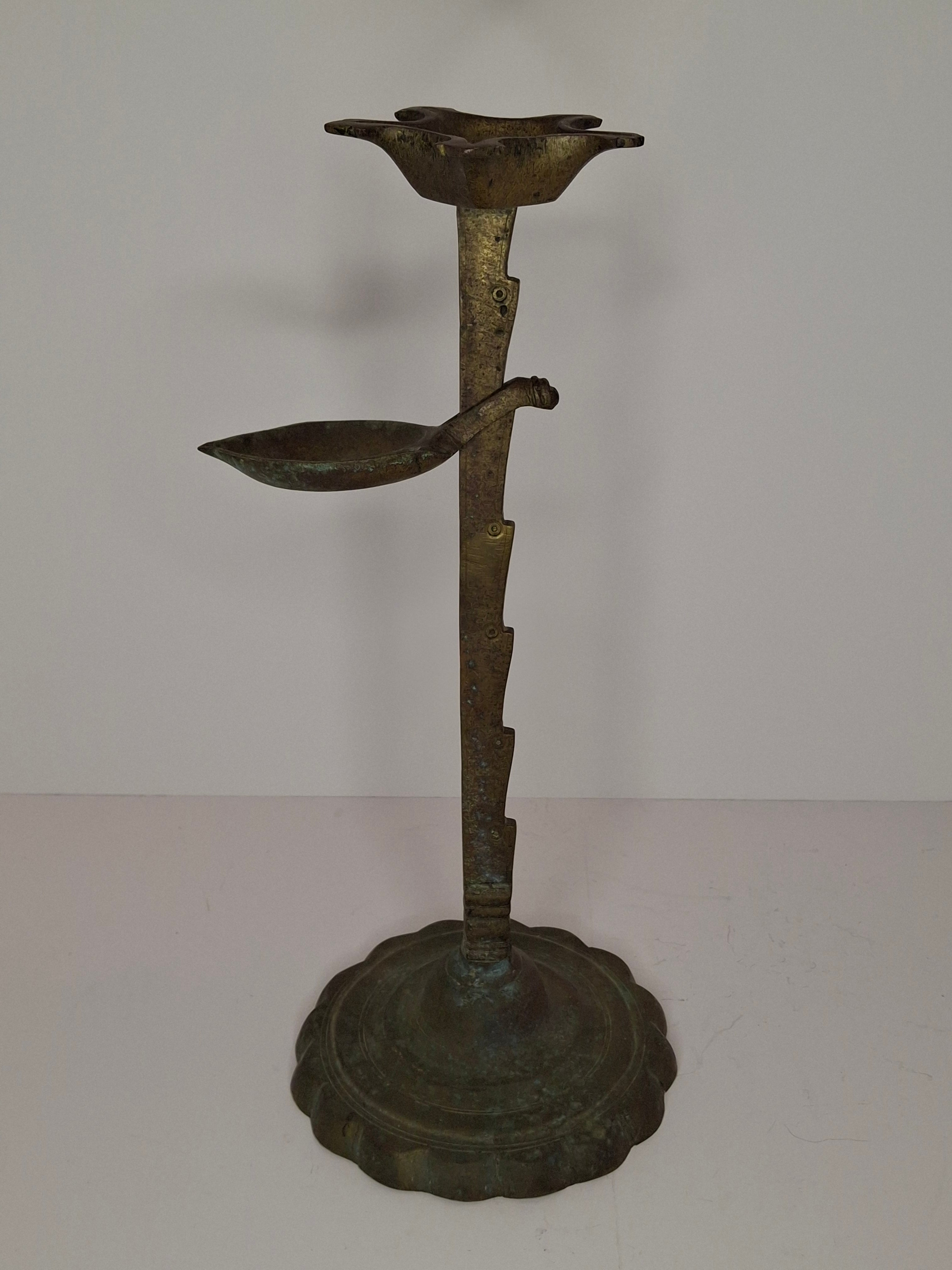 Rare 18th C Bronze Trammel-Mounted Double Fat Lamp w/ 5-Wick Bowl & Adjustable Pan - Primitive Lighting