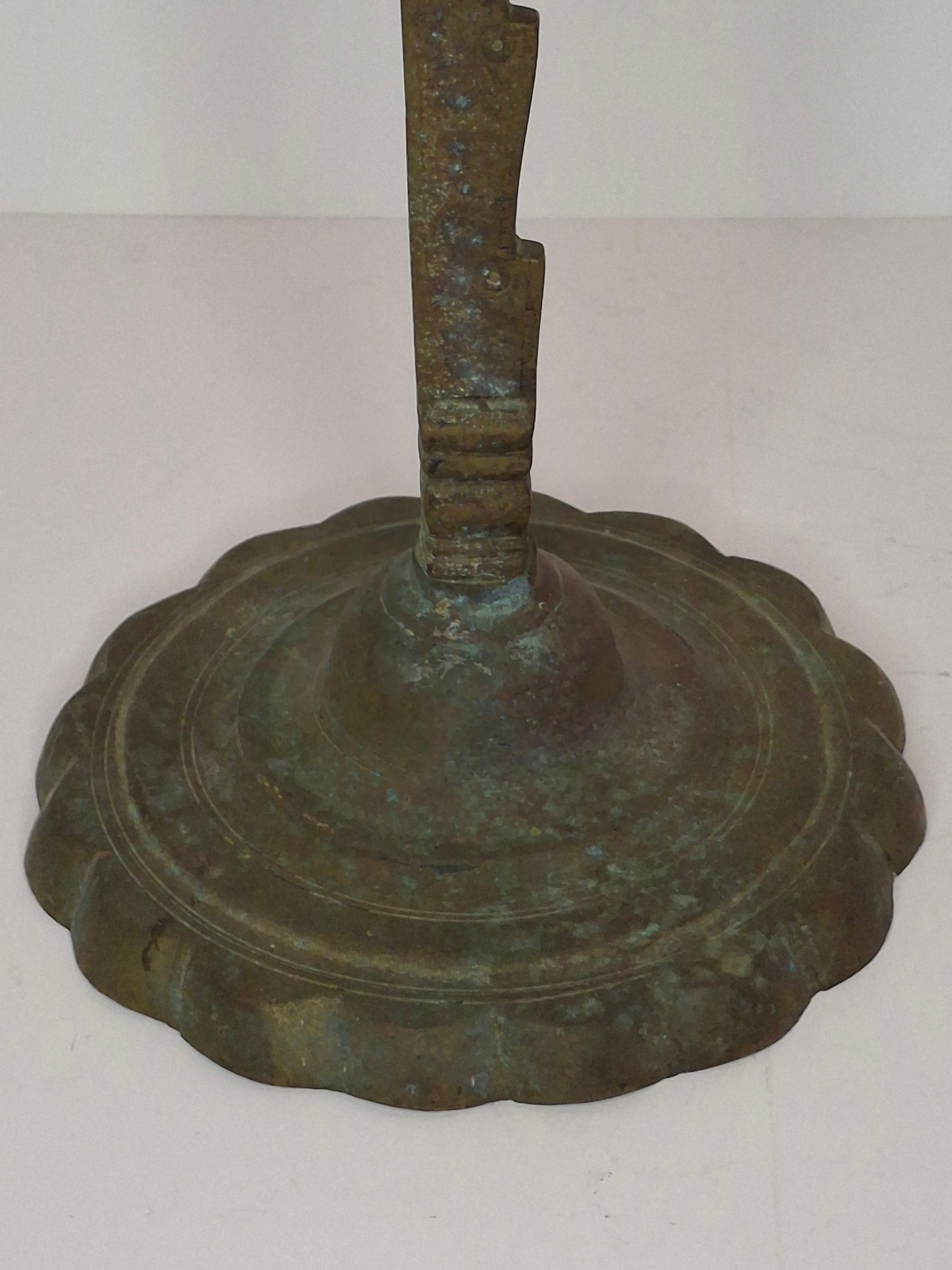 Rare 18th C Bronze Trammel-Mounted Double Fat Lamp w/ 5-Wick Bowl & Adjustable Pan - Primitive Lighting