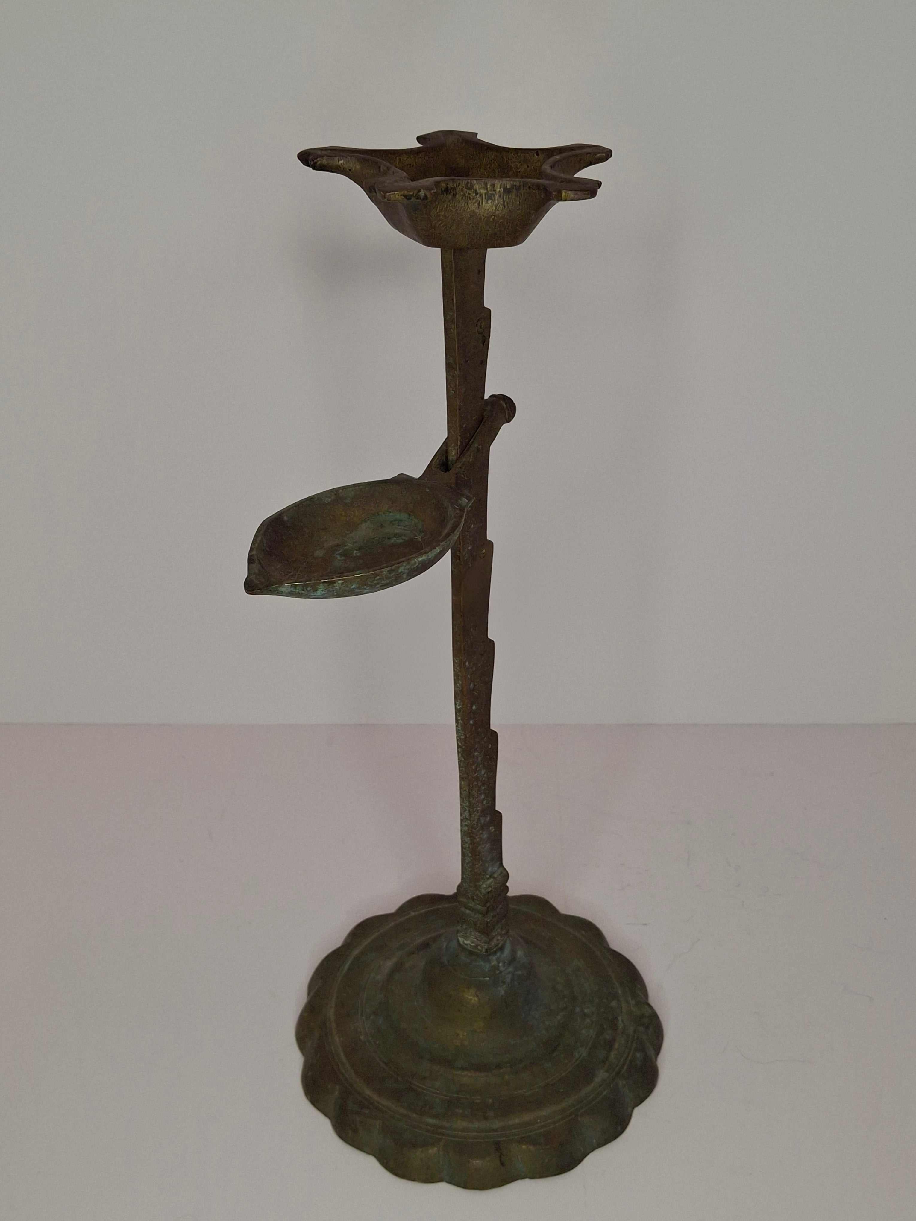 Rare 18th C Bronze Trammel-Mounted Double Fat Lamp w/ 5-Wick Bowl & Adjustable Pan - Primitive Lighting