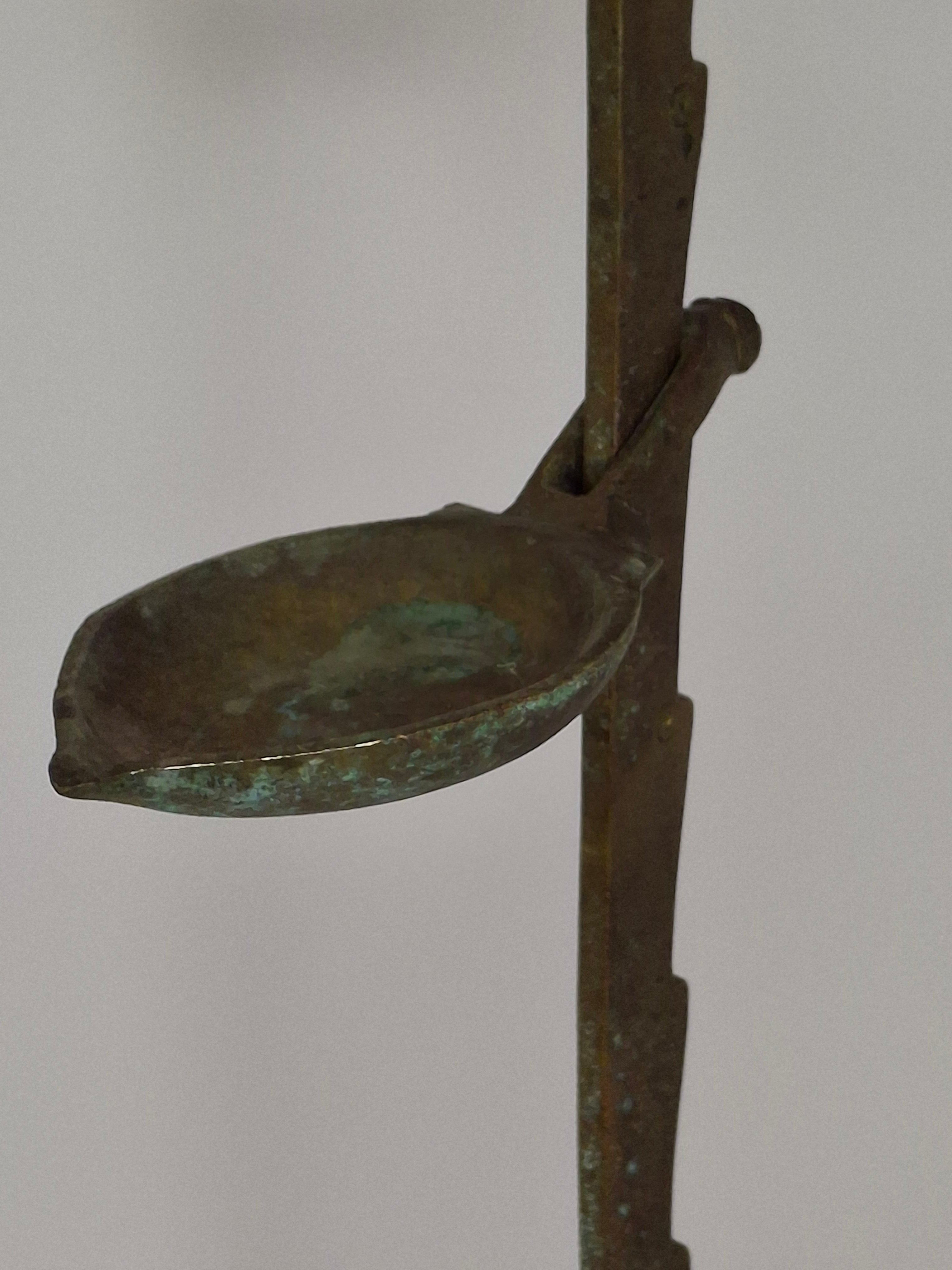 Rare 18th C Bronze Trammel-Mounted Double Fat Lamp w/ 5-Wick Bowl & Adjustable Pan - Primitive Lighting