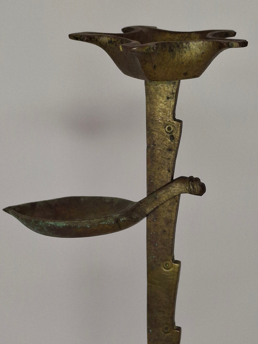 Rare 18th C Bronze Trammel-Mounted Double Fat Lamp w/ 5-Wick Bowl & Adjustable Pan - Primitive Lighting