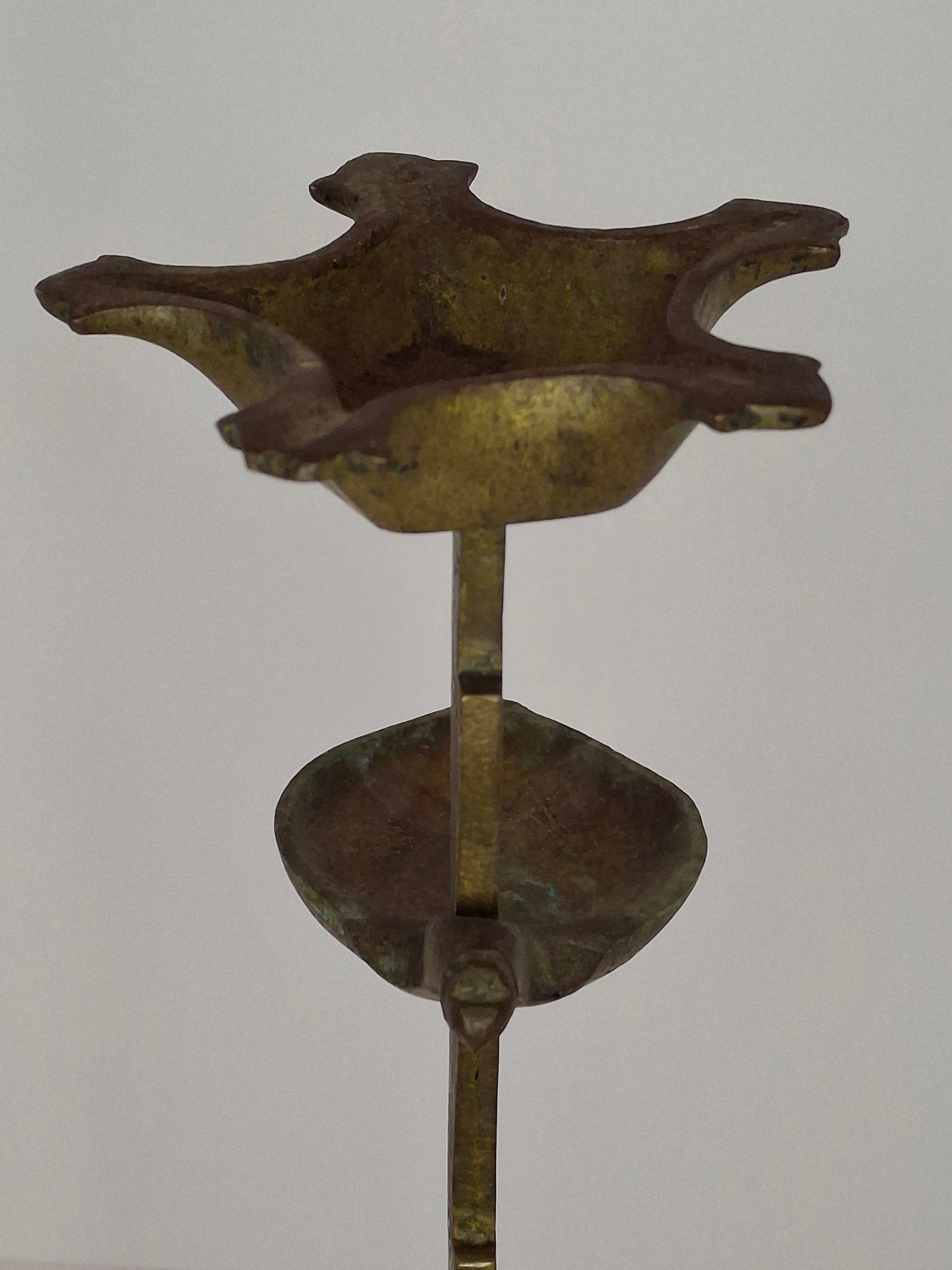Rare 18th C Bronze Trammel-Mounted Double Fat Lamp w/ 5-Wick Bowl & Adjustable Pan - Primitive Lighting