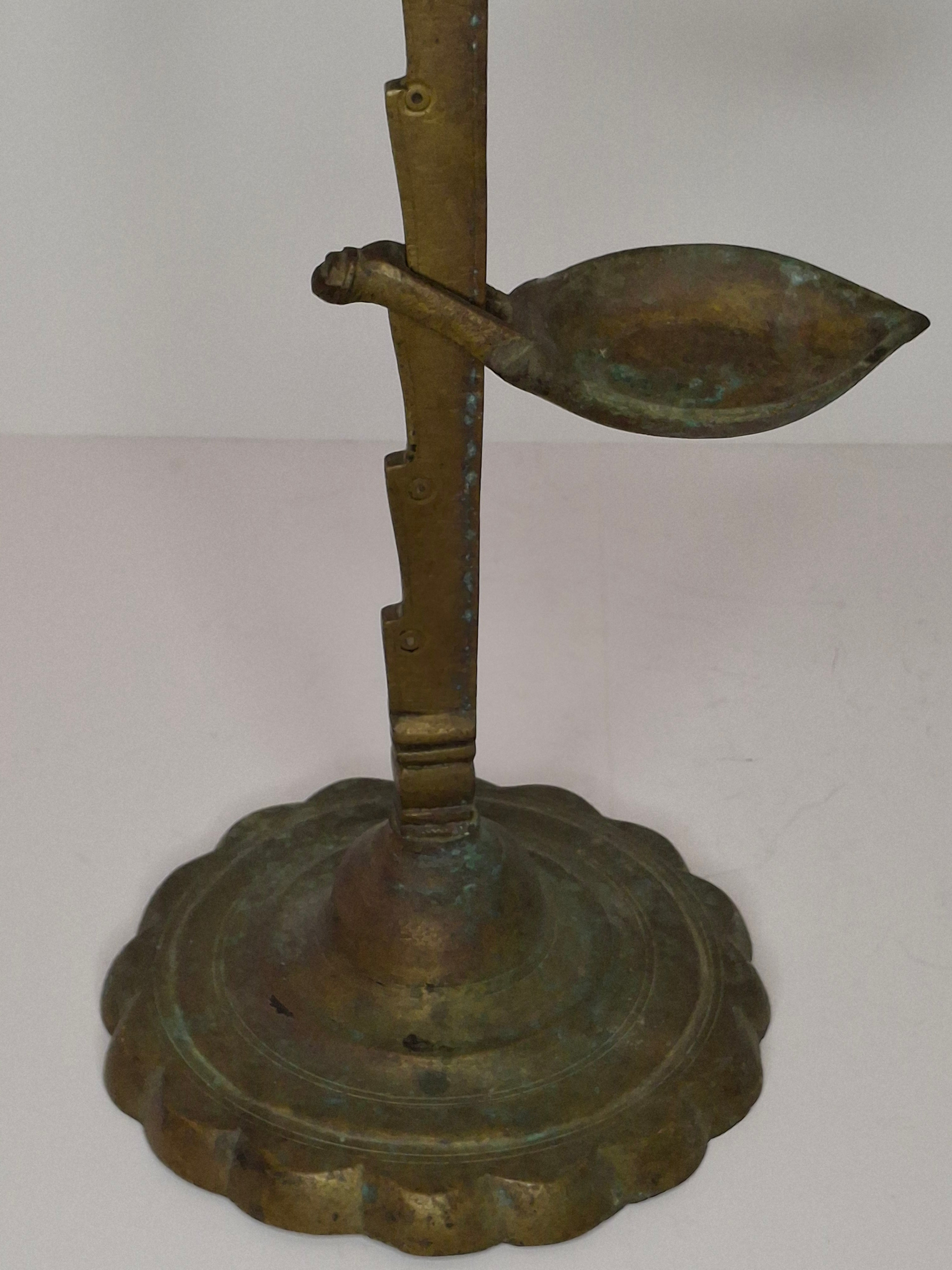 Rare 18th C Bronze Trammel-Mounted Double Fat Lamp w/ 5-Wick Bowl & Adjustable Pan - Primitive Lighting