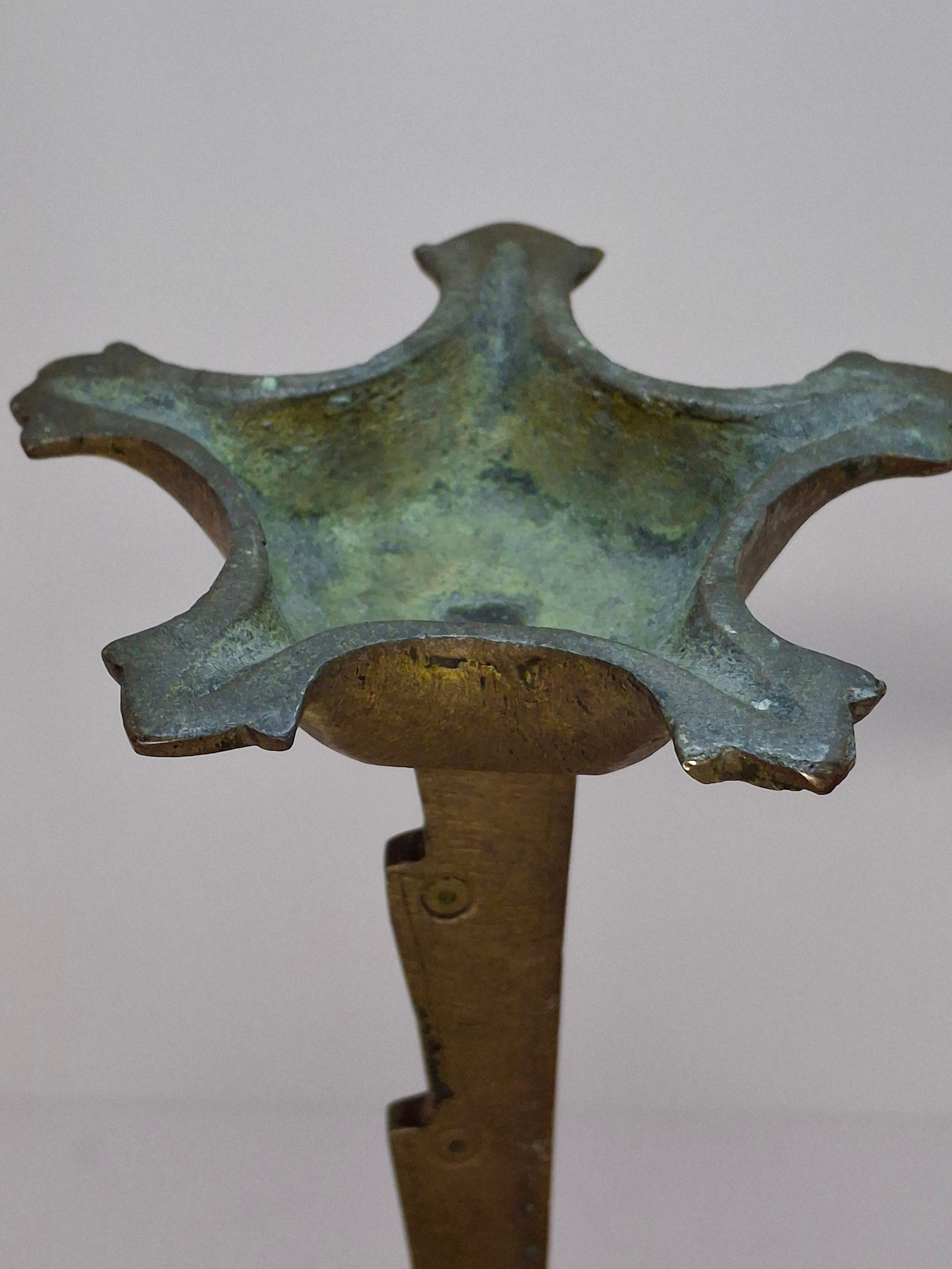 Rare 18th C Bronze Trammel-Mounted Double Fat Lamp w/ 5-Wick Bowl & Adjustable Pan - Primitive Lighting