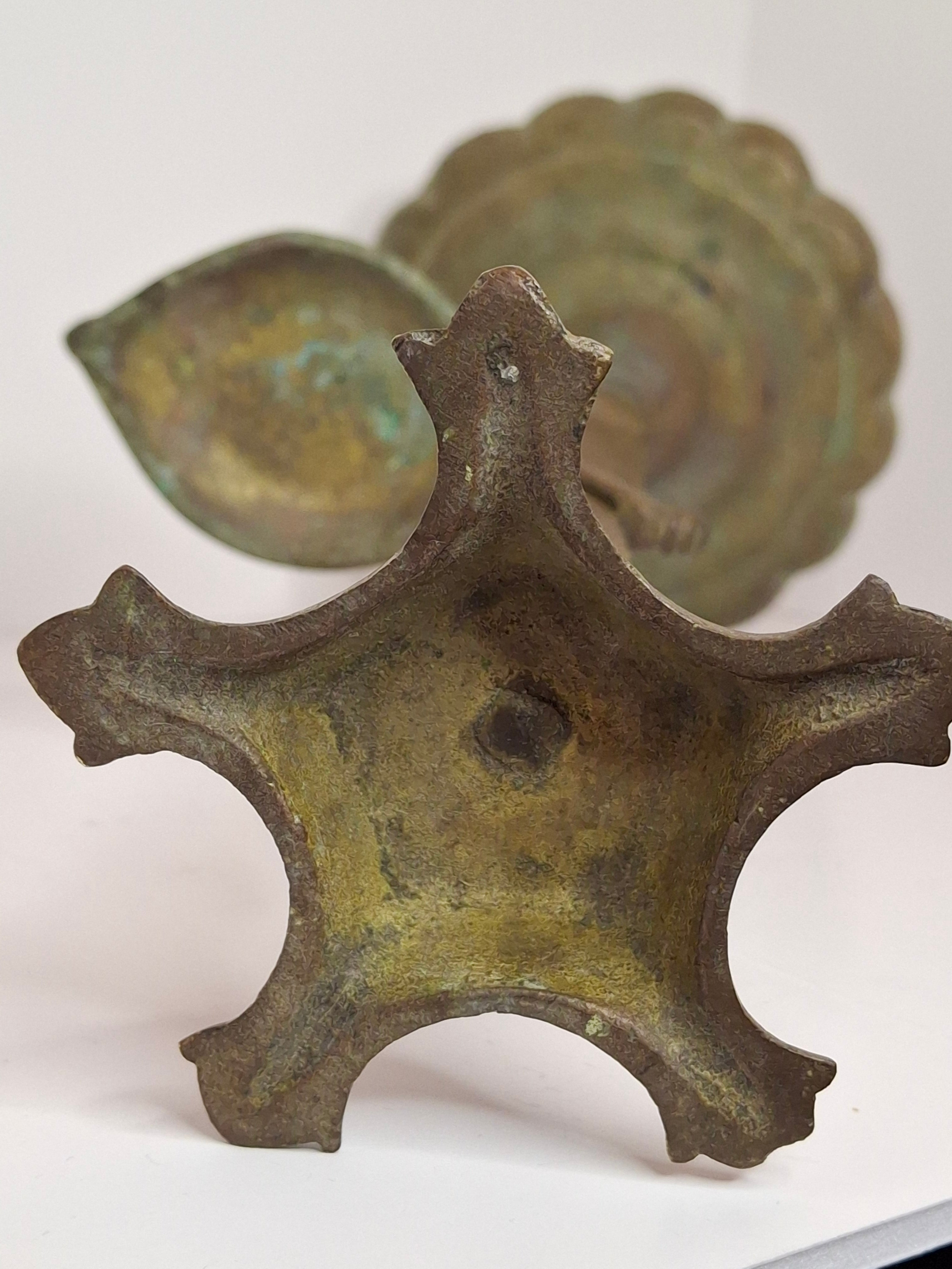 Rare 18th C Bronze Trammel-Mounted Double Fat Lamp w/ 5-Wick Bowl & Adjustable Pan - Primitive Lighting