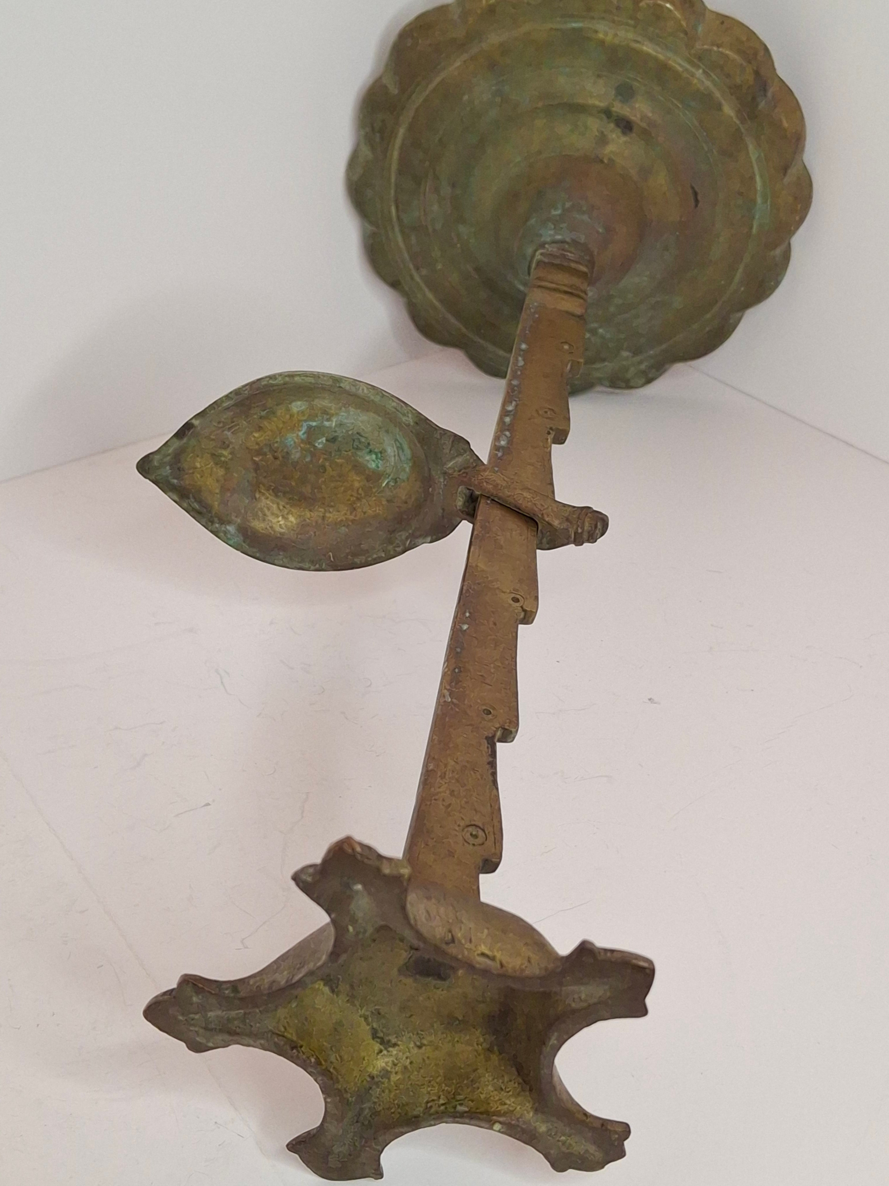 Rare 18th C Bronze Trammel-Mounted Double Fat Lamp w/ 5-Wick Bowl & Adjustable Pan - Primitive Lighting