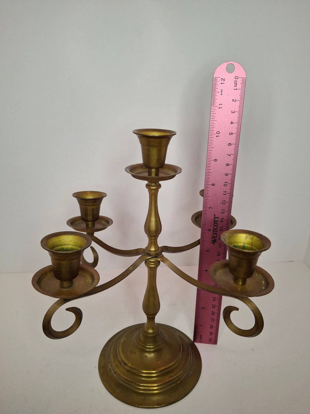 Vintage Brass Five Arm Candelabra Scrolled Arms Revival Shabbat Table Centerpiece Judaica