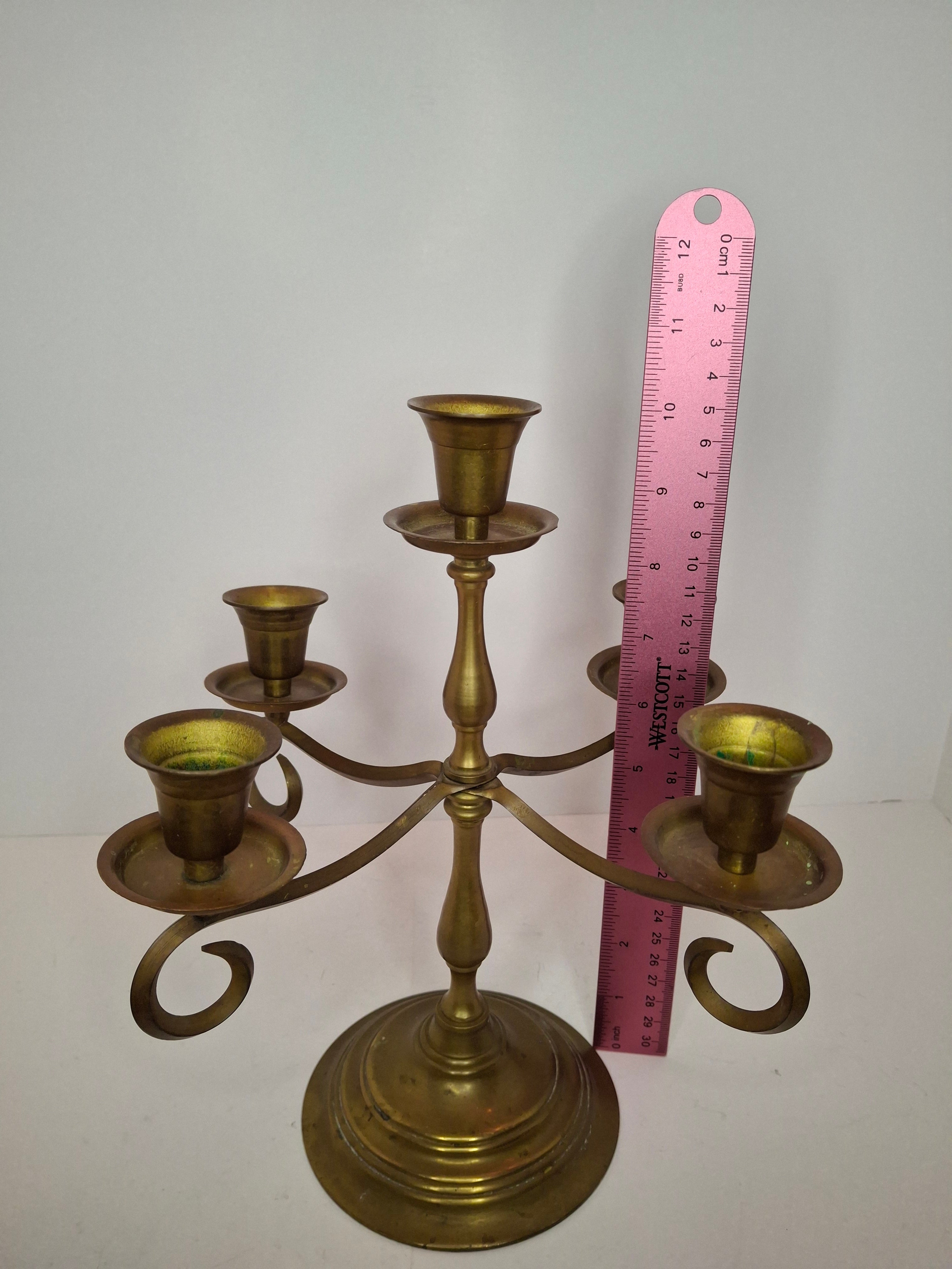 Vintage Brass Five Arm Candelabra Scrolled Arms Revival Shabbat Table Centerpiece Judaica