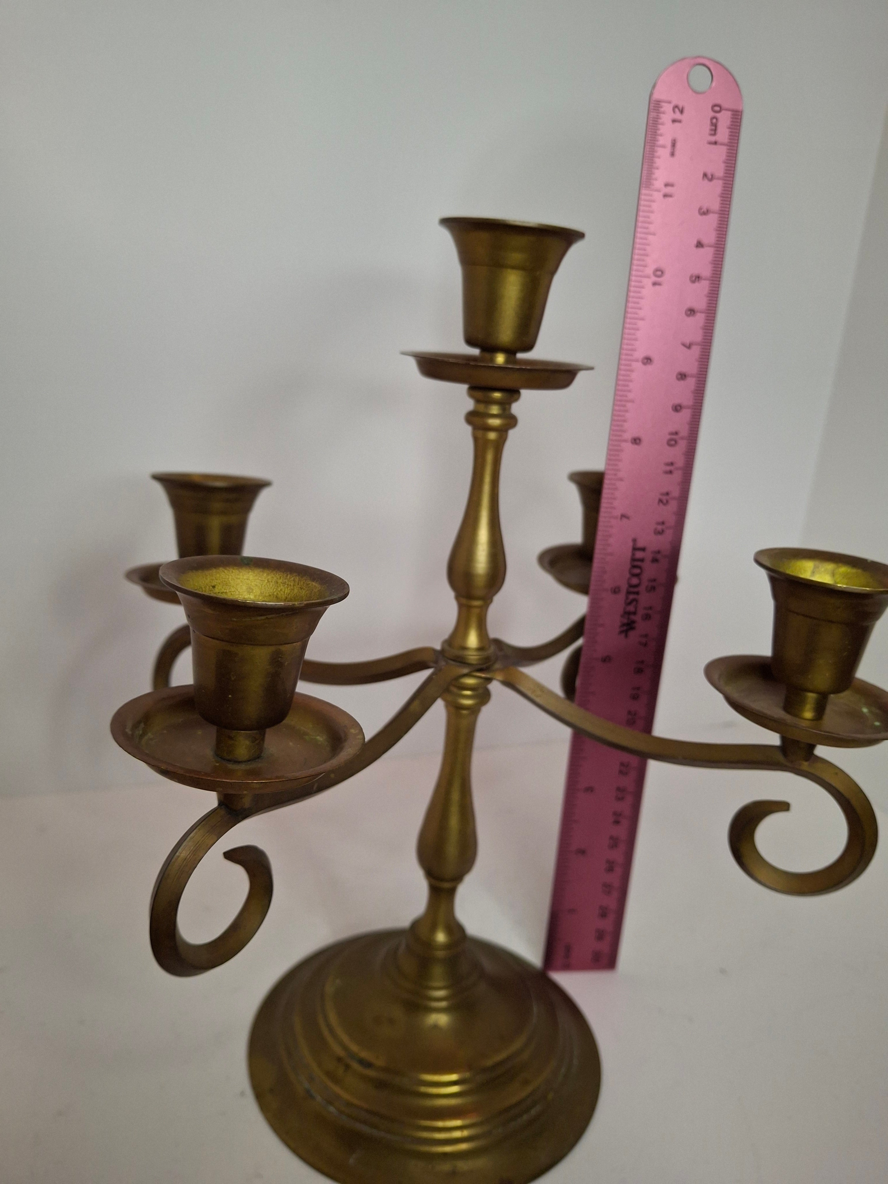 Vintage Brass Five Arm Candelabra Scrolled Arms Revival Shabbat Table Centerpiece Judaica