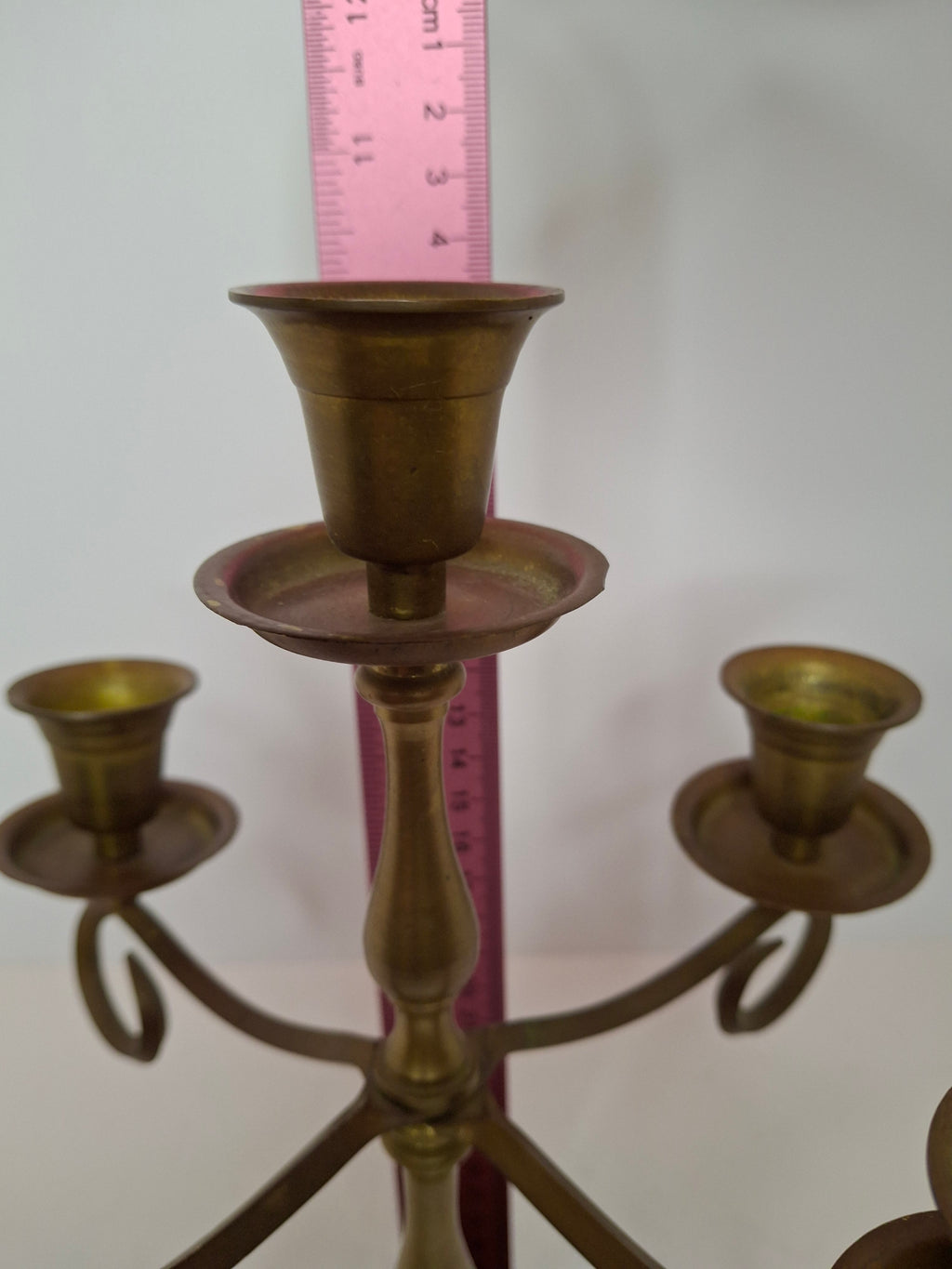 Vintage Brass Five Arm Candelabra Scrolled Arms Revival Shabbat Table Centerpiece Judaica