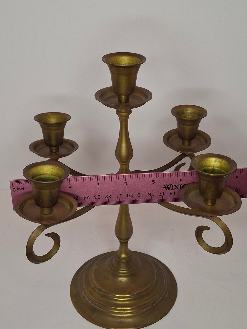 Vintage Brass Five Arm Candelabra Scrolled Arms Revival Shabbat Table Centerpiece Judaica