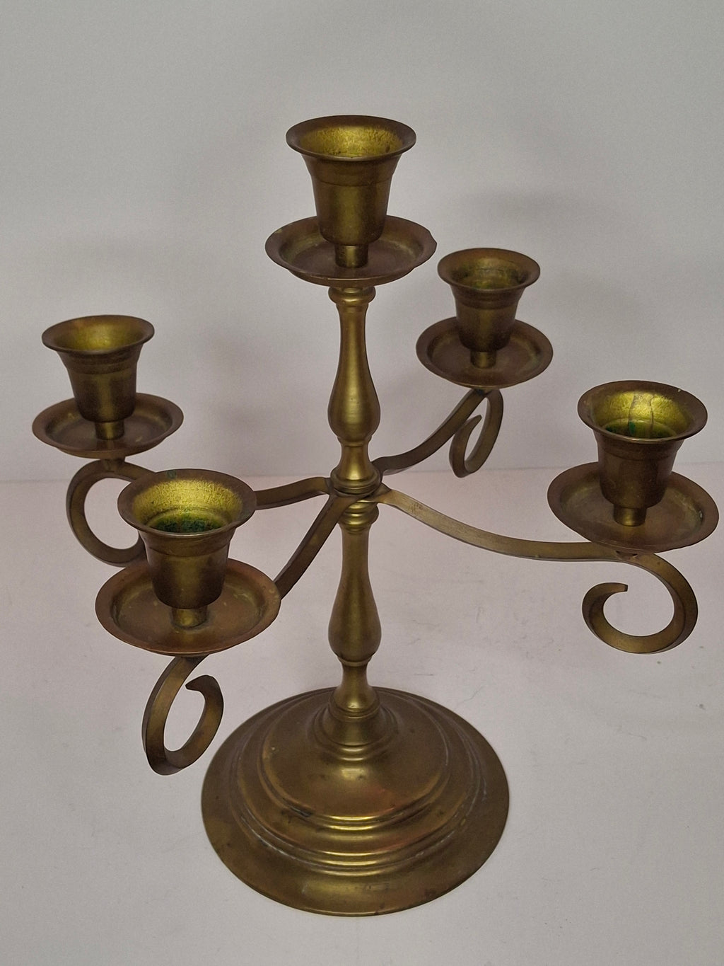 Vintage Brass Five Arm Candelabra Scrolled Arms Revival Shabbat Table Centerpiece Judaica