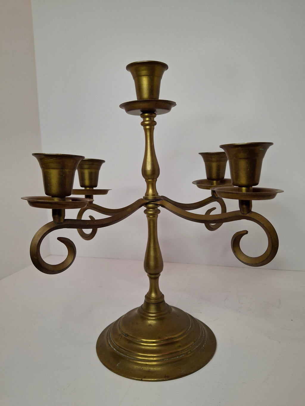 Vintage Brass Five Arm Candelabra Scrolled Arms Revival Shabbat Table Centerpiece Judaica