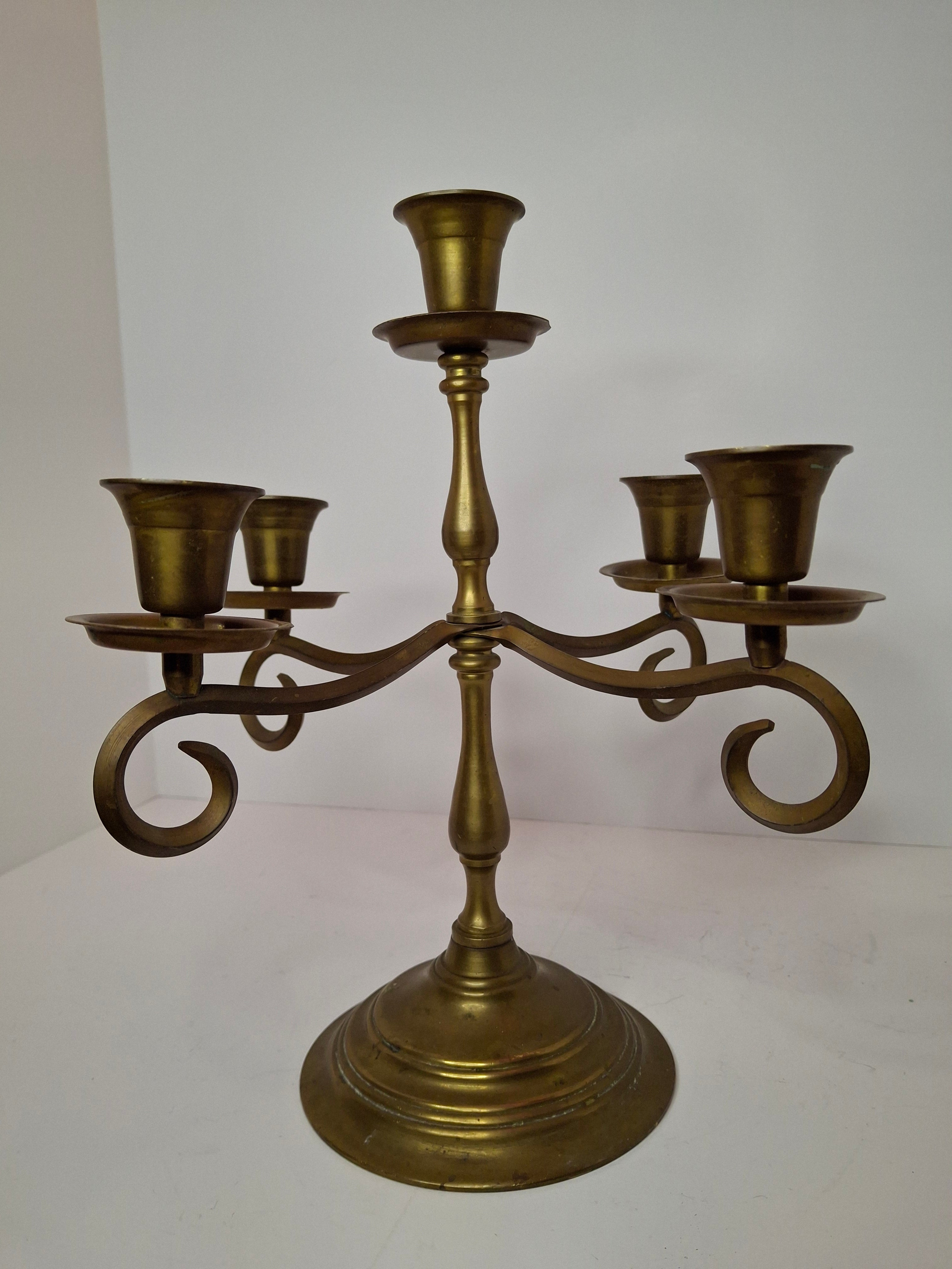 Vintage Brass Five Arm Candelabra Scrolled Arms Revival Shabbat Table Centerpiece Judaica