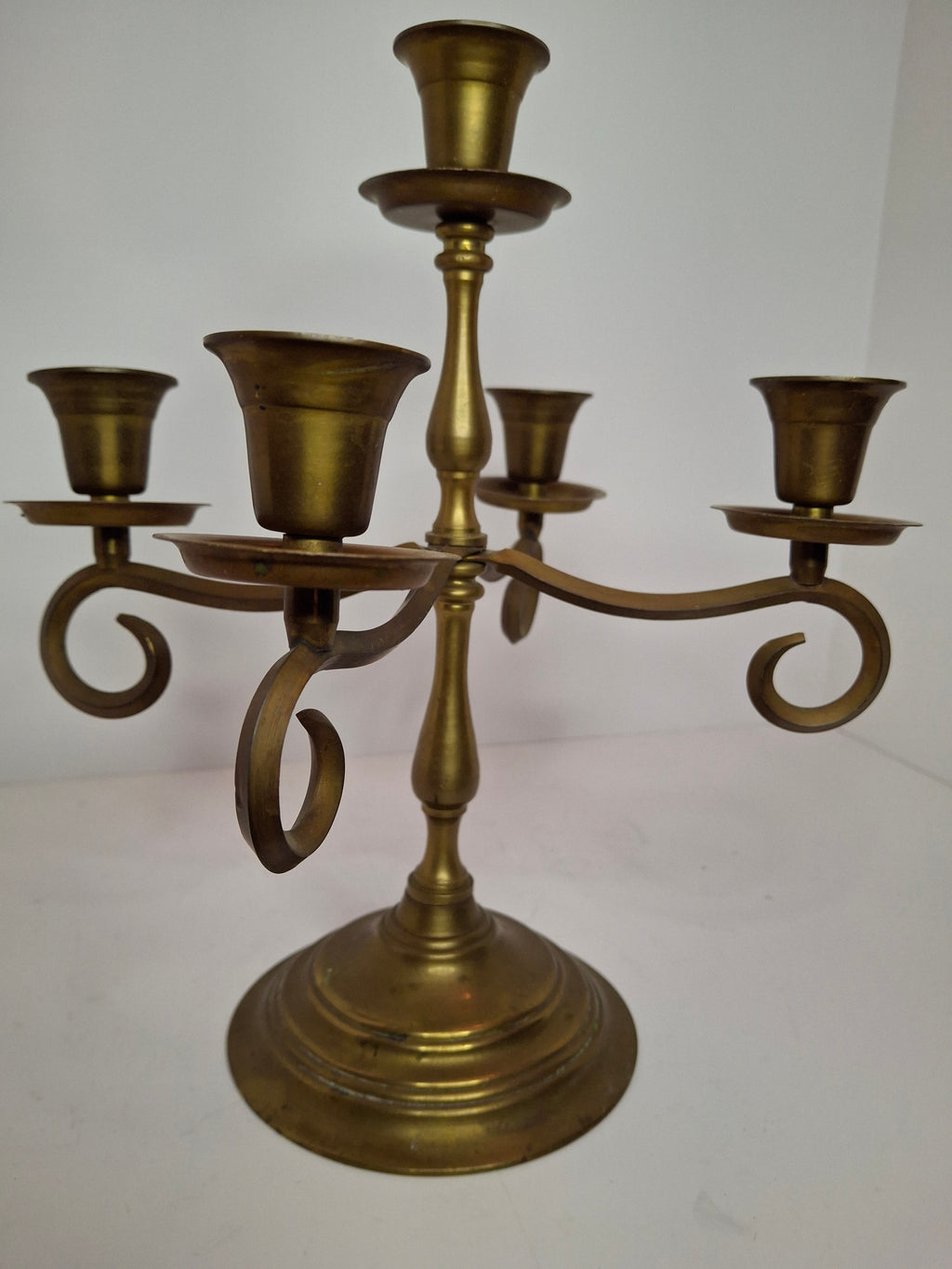 Vintage Brass Five Arm Candelabra Scrolled Arms Revival Shabbat Table Centerpiece Judaica