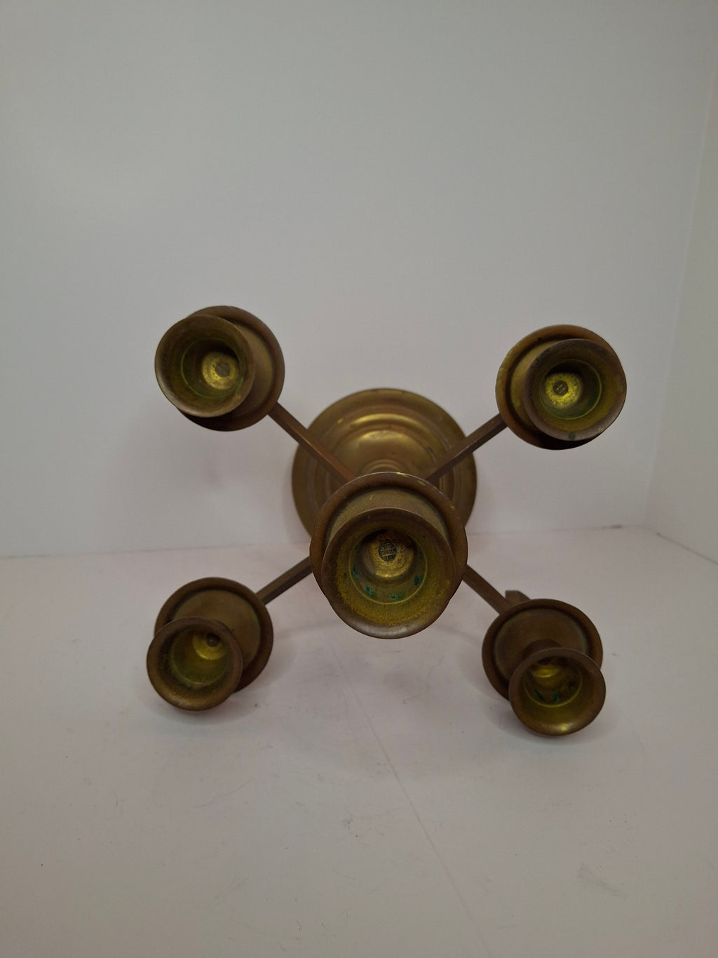 Vintage Brass Five Arm Candelabra Scrolled Arms Revival Shabbat Table Centerpiece Judaica