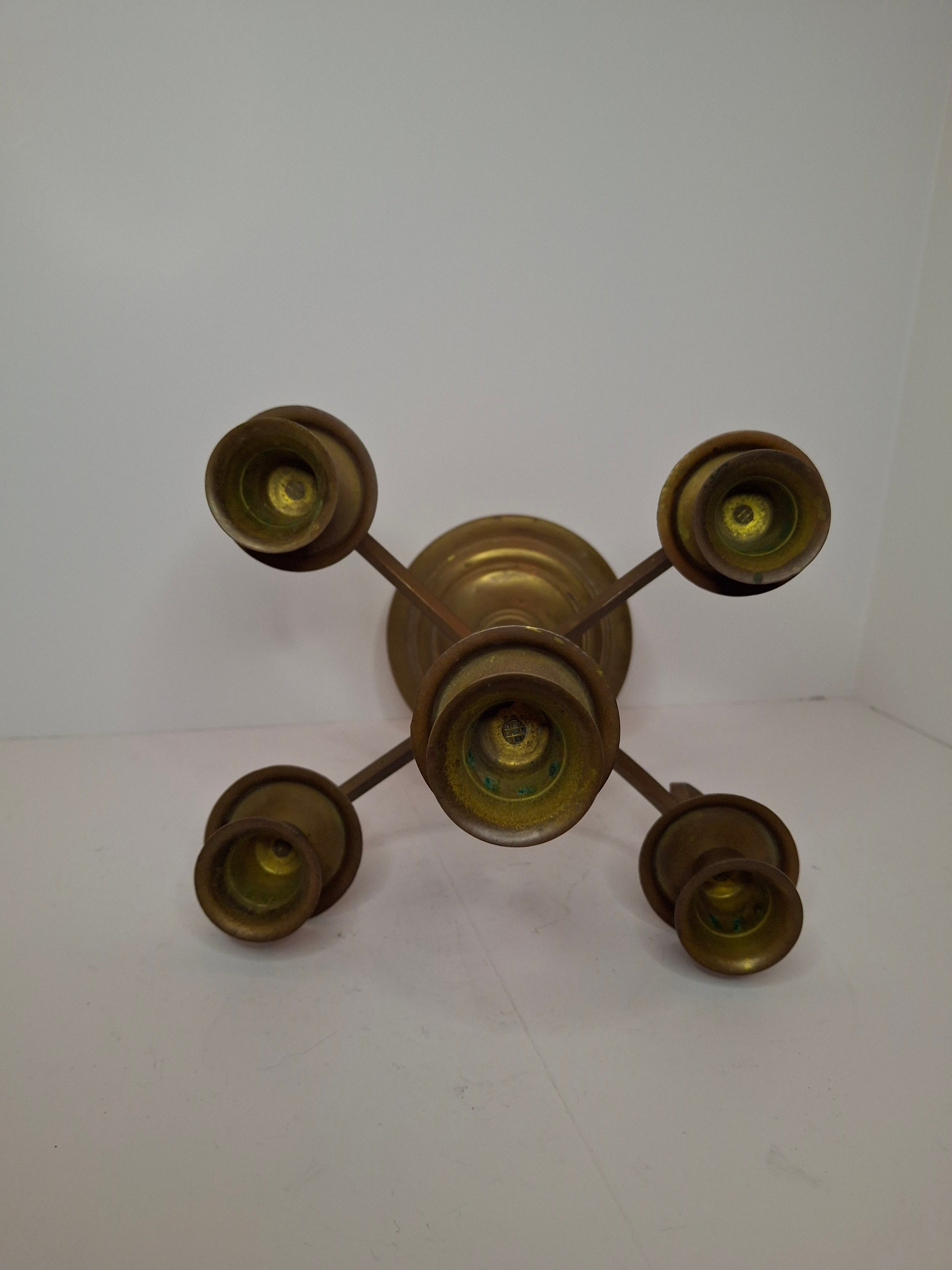 Vintage Brass Five Arm Candelabra Scrolled Arms Revival Shabbat Table Centerpiece Judaica