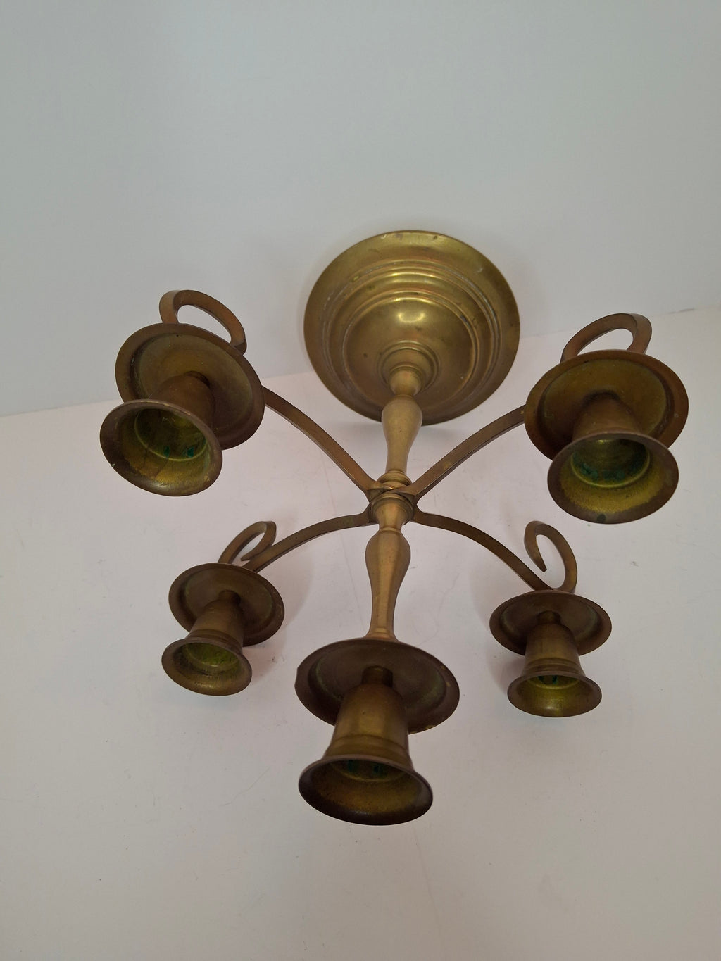 Vintage Brass Five Arm Candelabra Scrolled Arms Revival Shabbat Table Centerpiece Judaica