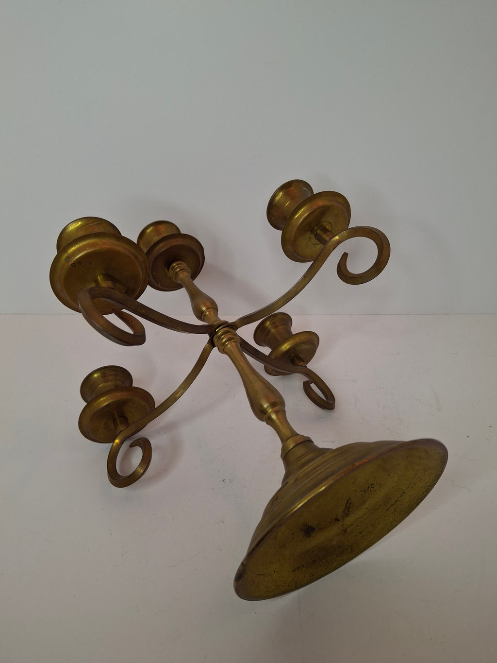 Vintage Brass Five Arm Candelabra Scrolled Arms Revival Shabbat Table Centerpiece Judaica