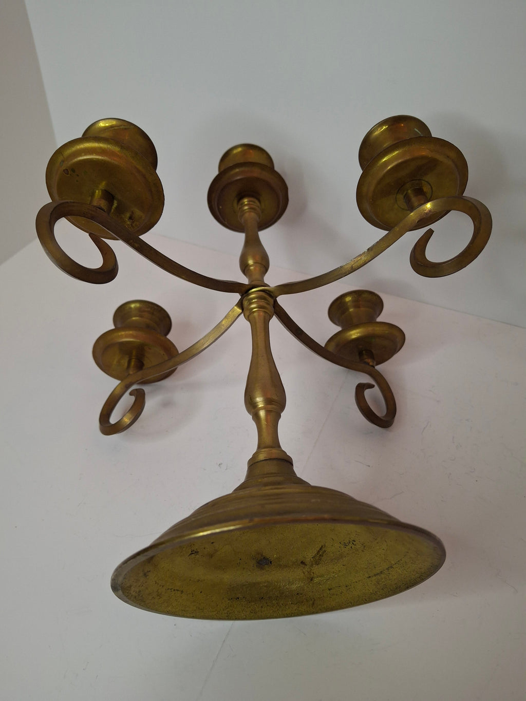 Vintage Brass Five Arm Candelabra Scrolled Arms Revival Shabbat Table Centerpiece Judaica