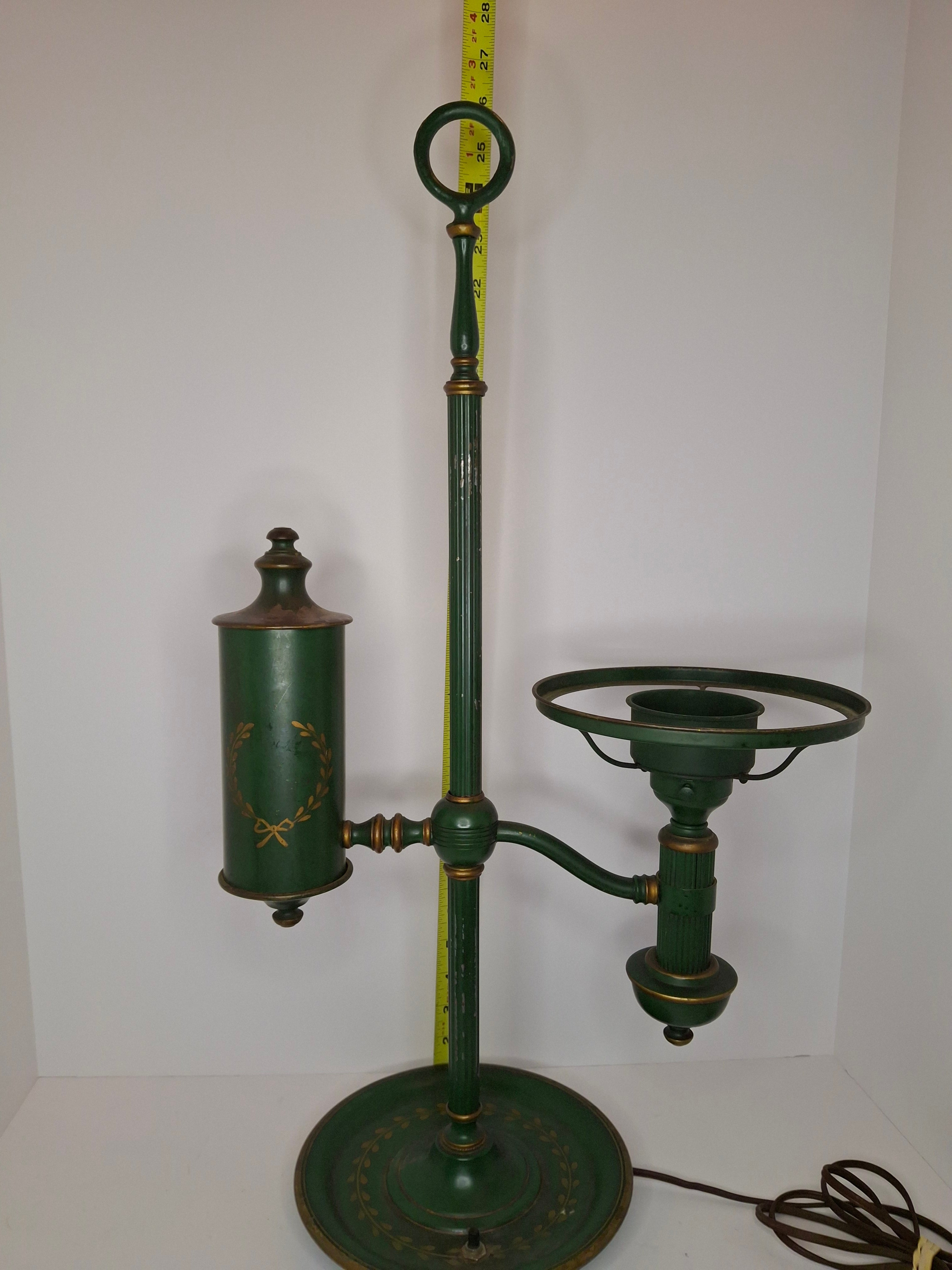 c. 1915 French Painted Tole Student Lamp Original Green & Gold, Fully Adjustable