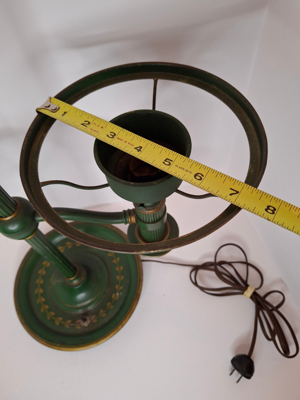 c. 1915 French Painted Tole Student Lamp Original Green & Gold, Fully Adjustable