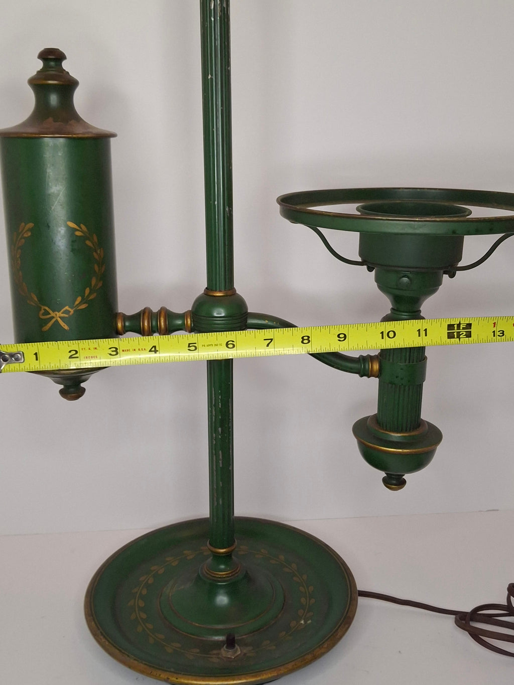 c. 1915 French Painted Tole Student Lamp Original Green & Gold, Fully Adjustable